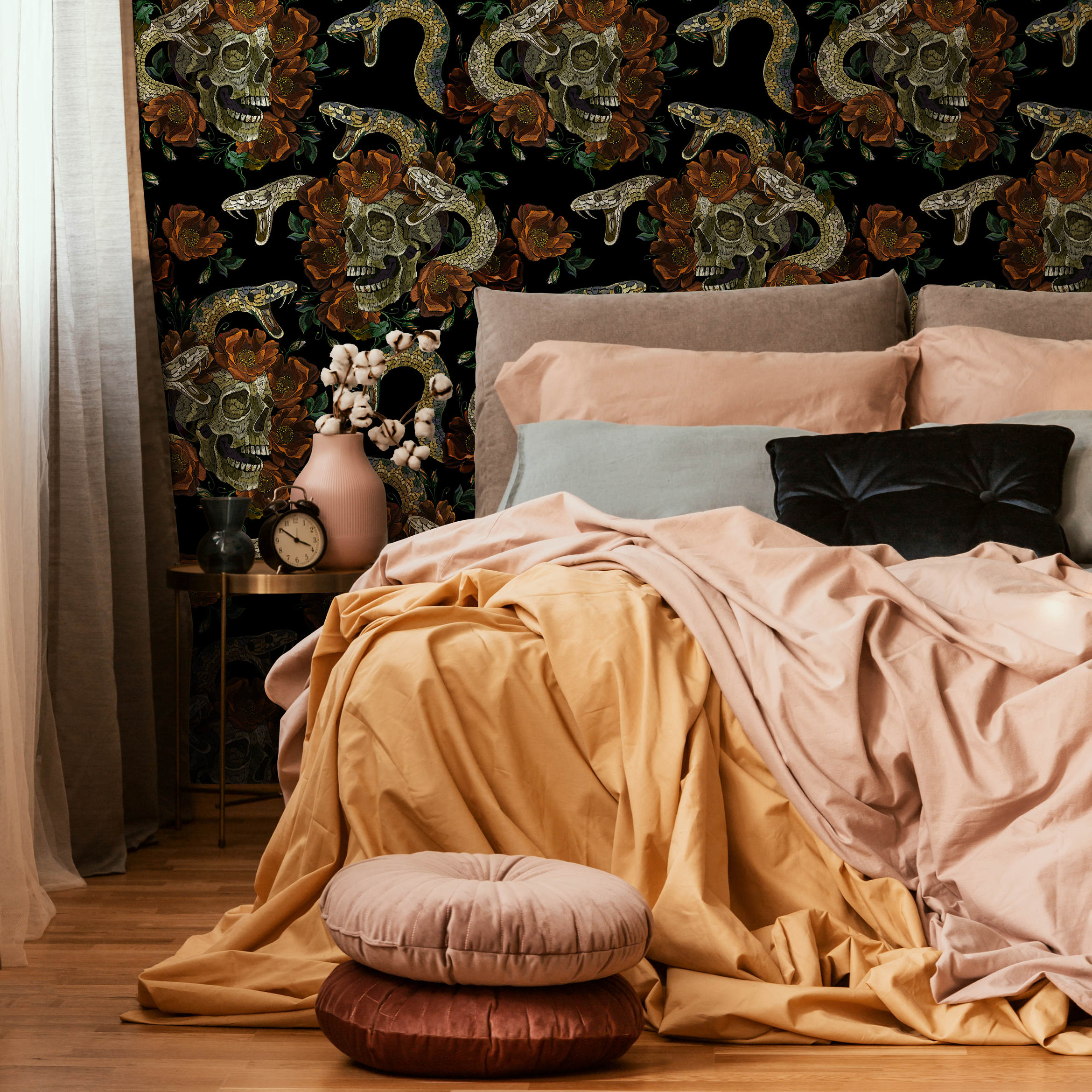 Gothic Floral Wallpaper With Skulls And Snakes In Black, Orange, And Green - D901
