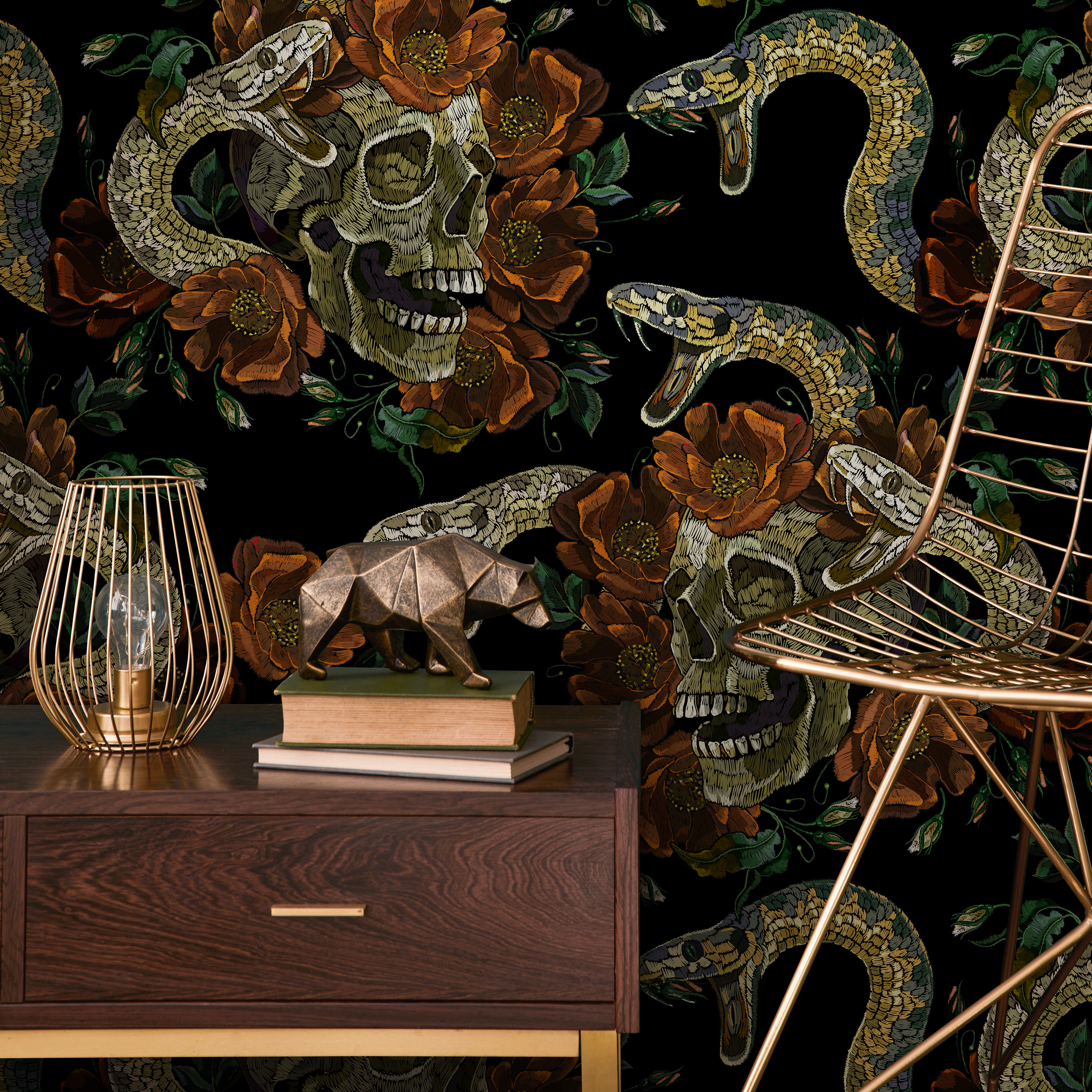 Gothic Floral Wallpaper With Skulls And Snakes In Black, Orange, And Green - D901