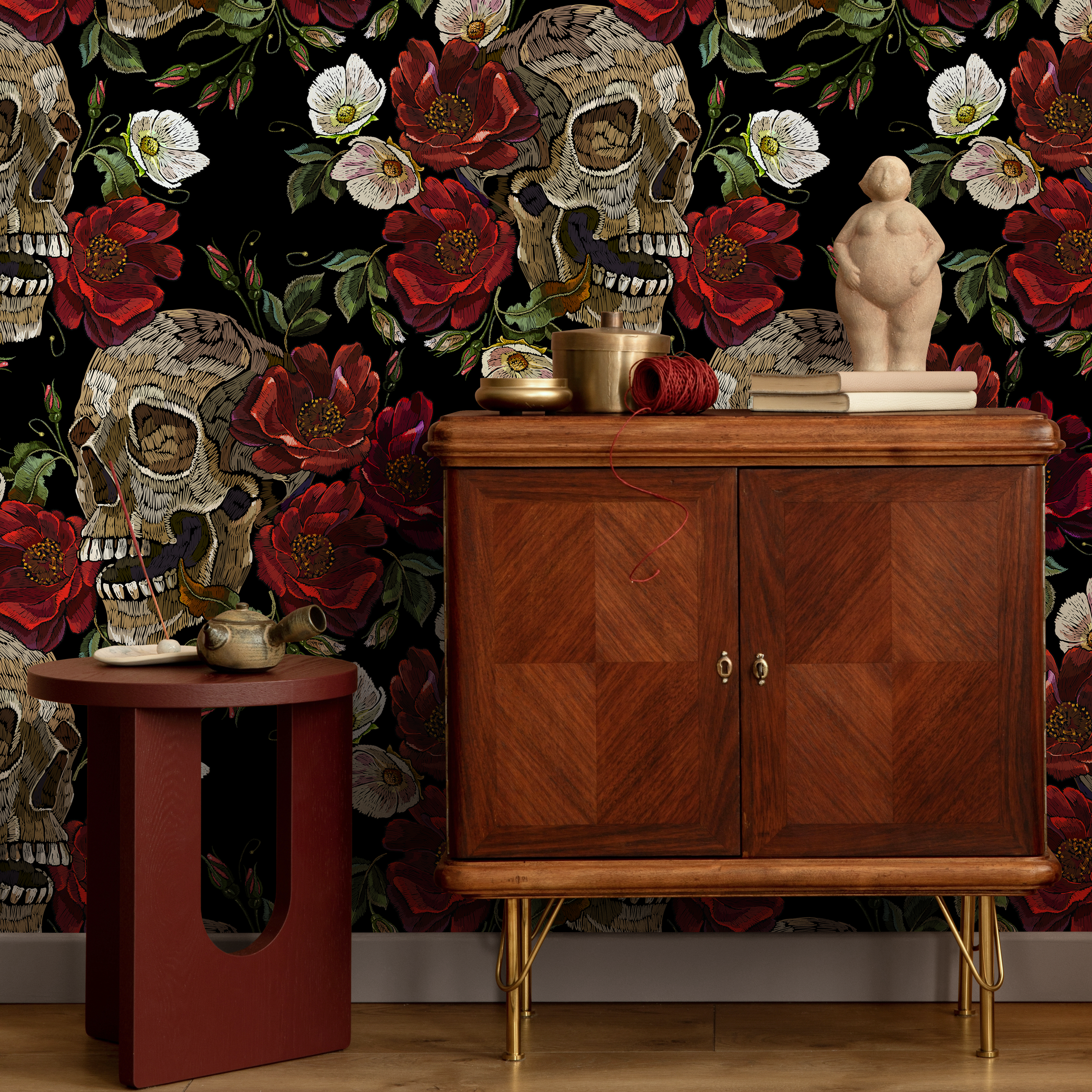 Gothic Wallpaper With Skulls And Roses In Black, Red, And Beige - D905