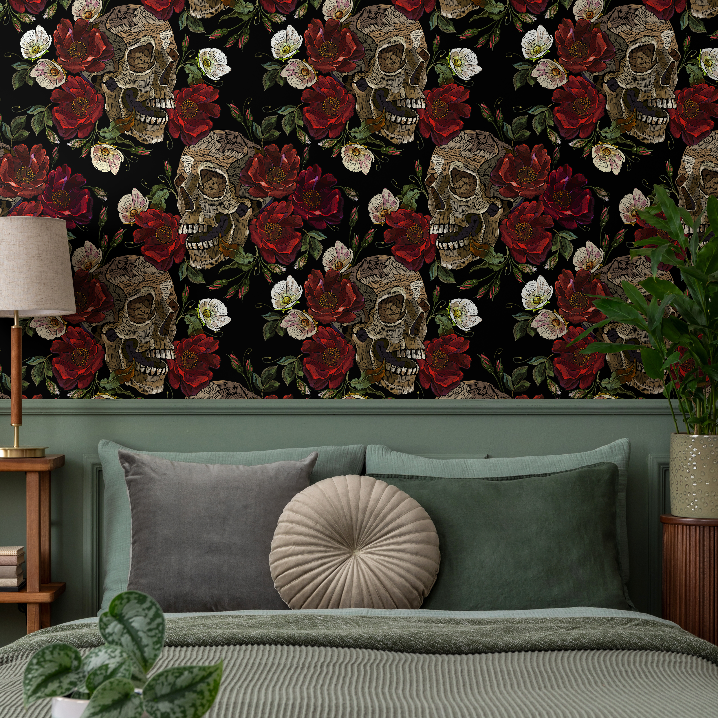 Gothic Wallpaper With Skulls And Roses In Black, Red, And Beige - D905