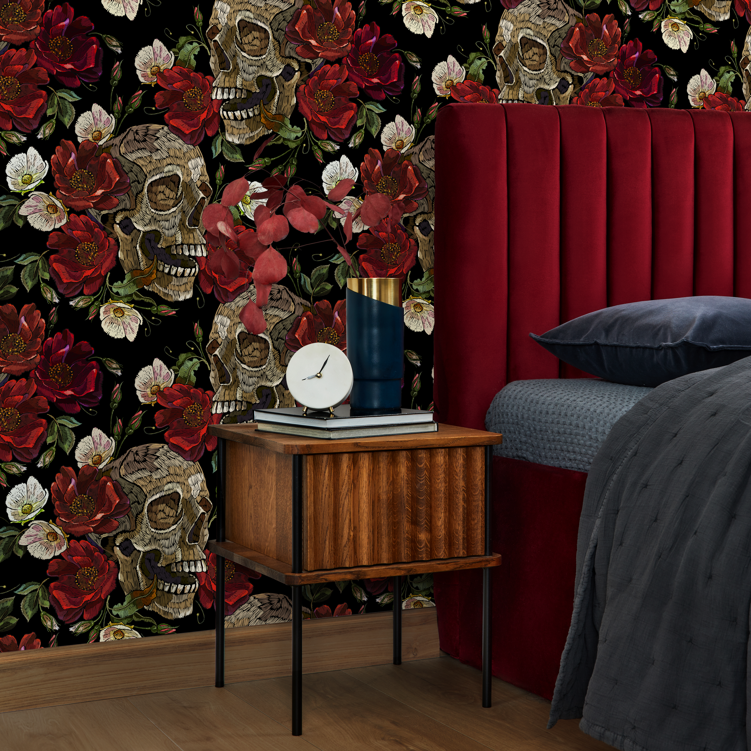 Gothic Wallpaper With Skulls And Roses In Black, Red, And Beige - D905