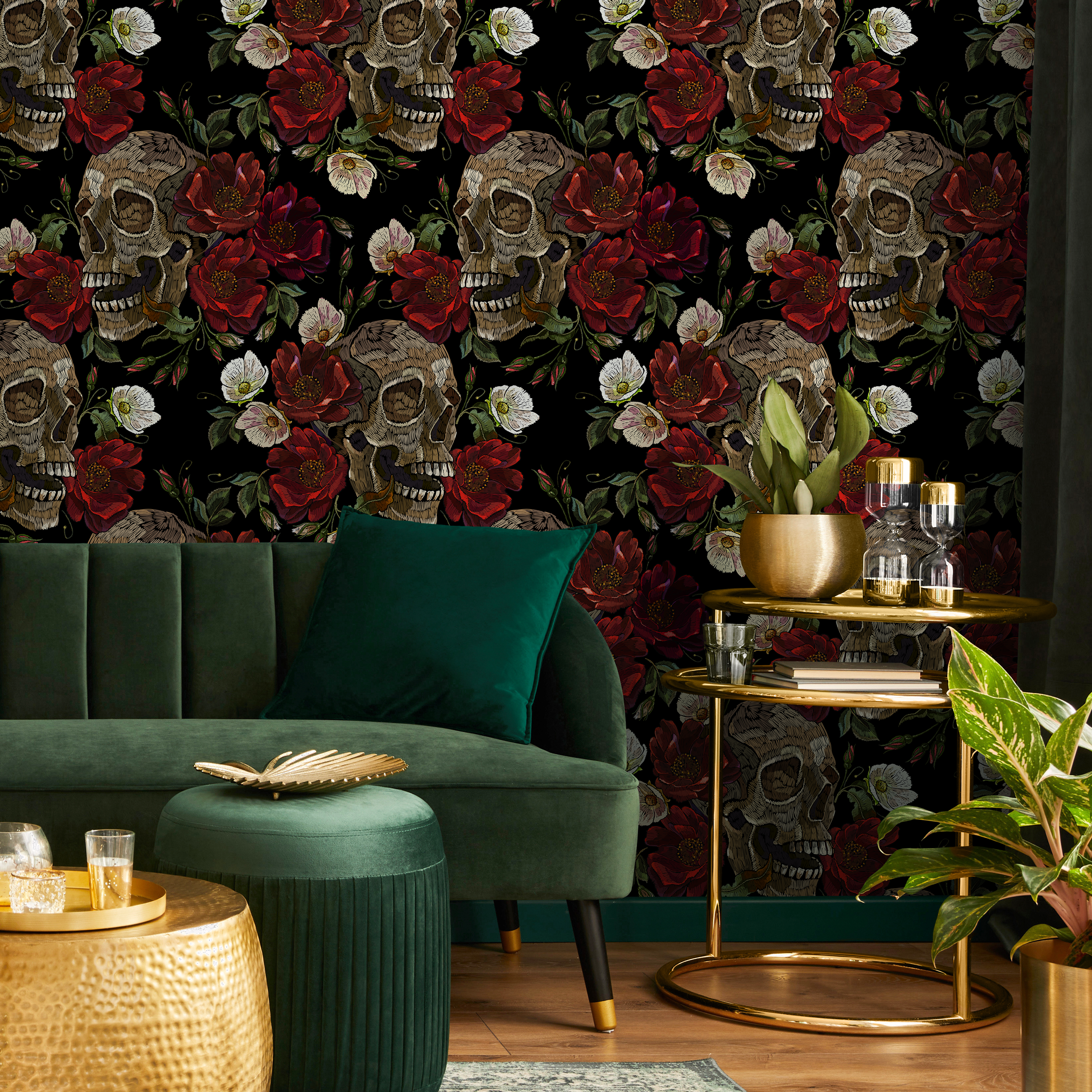 Gothic Wallpaper With Skulls And Roses In Black, Red, And Beige - D905