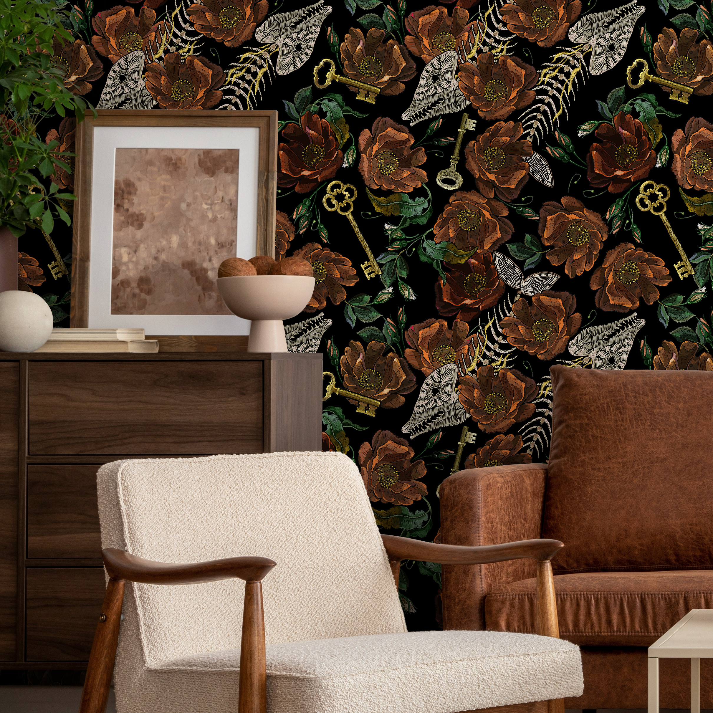 Floral Wallpaper With Gothic Fish Skeletons And Keys In Burnt Orange And Gold - D919