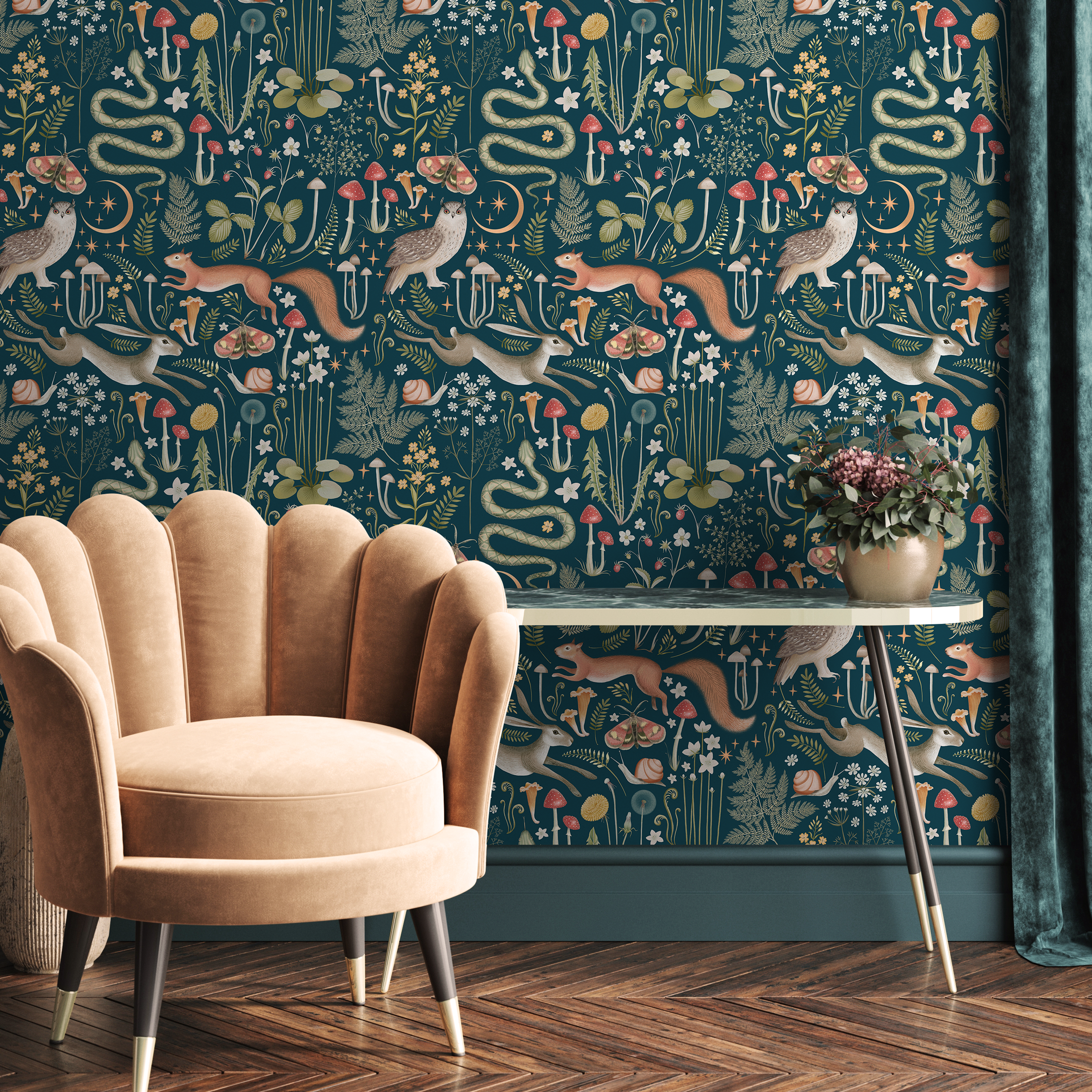Woodland Wallpaper With Forest Animals And Flora In Teal, Orange, And Green - D929