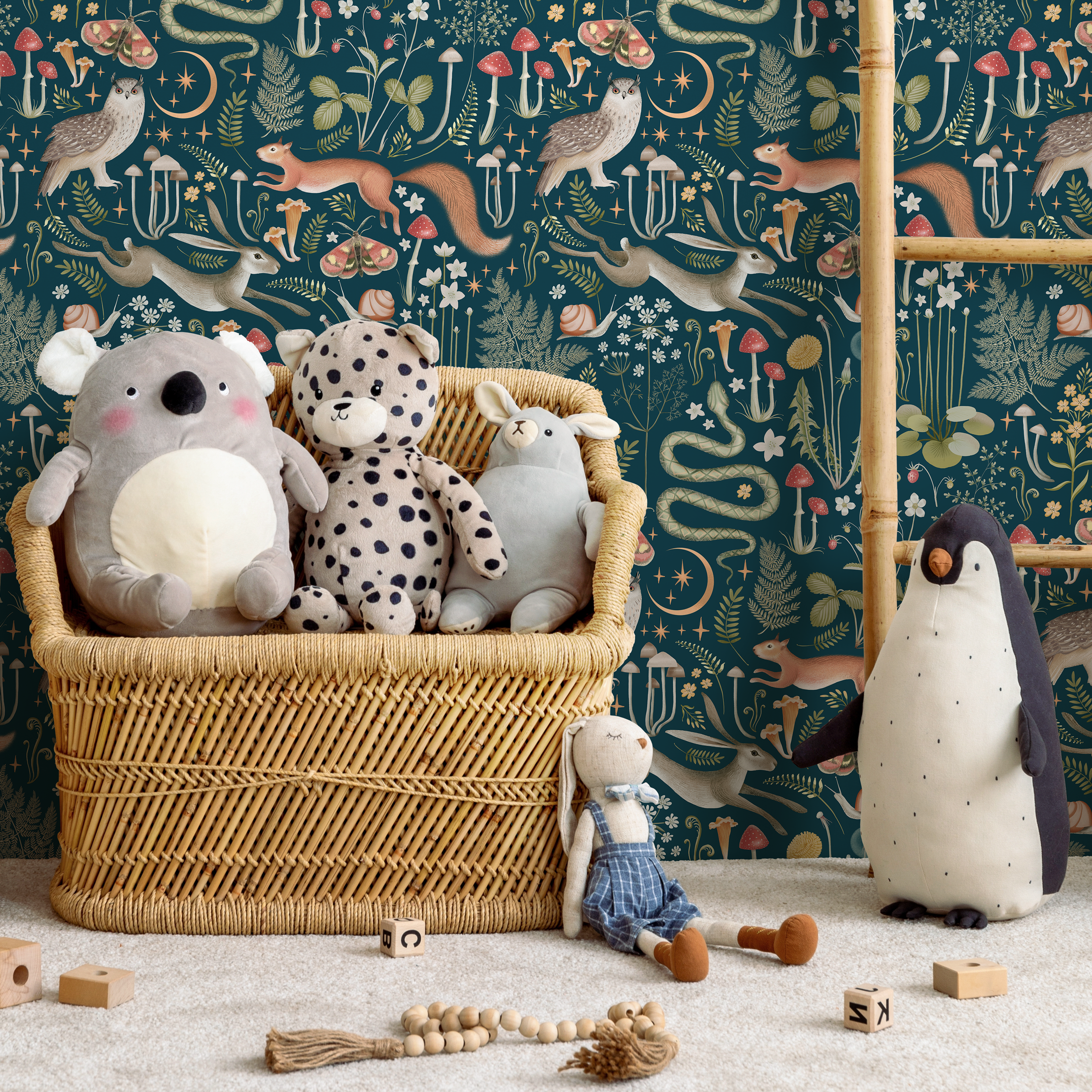 Woodland Wallpaper With Forest Animals And Flora In Teal, Orange, And Green - D929