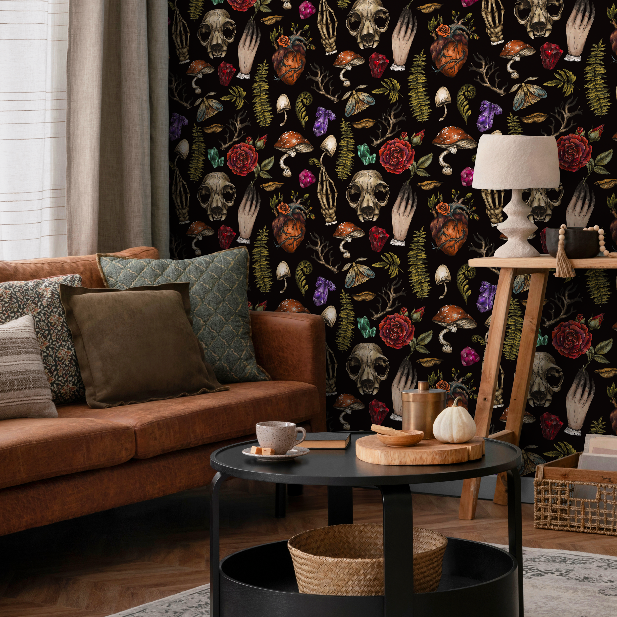 Gothic Wallpaper With Skulls, Roses, And Crystals In Red And Green - D931