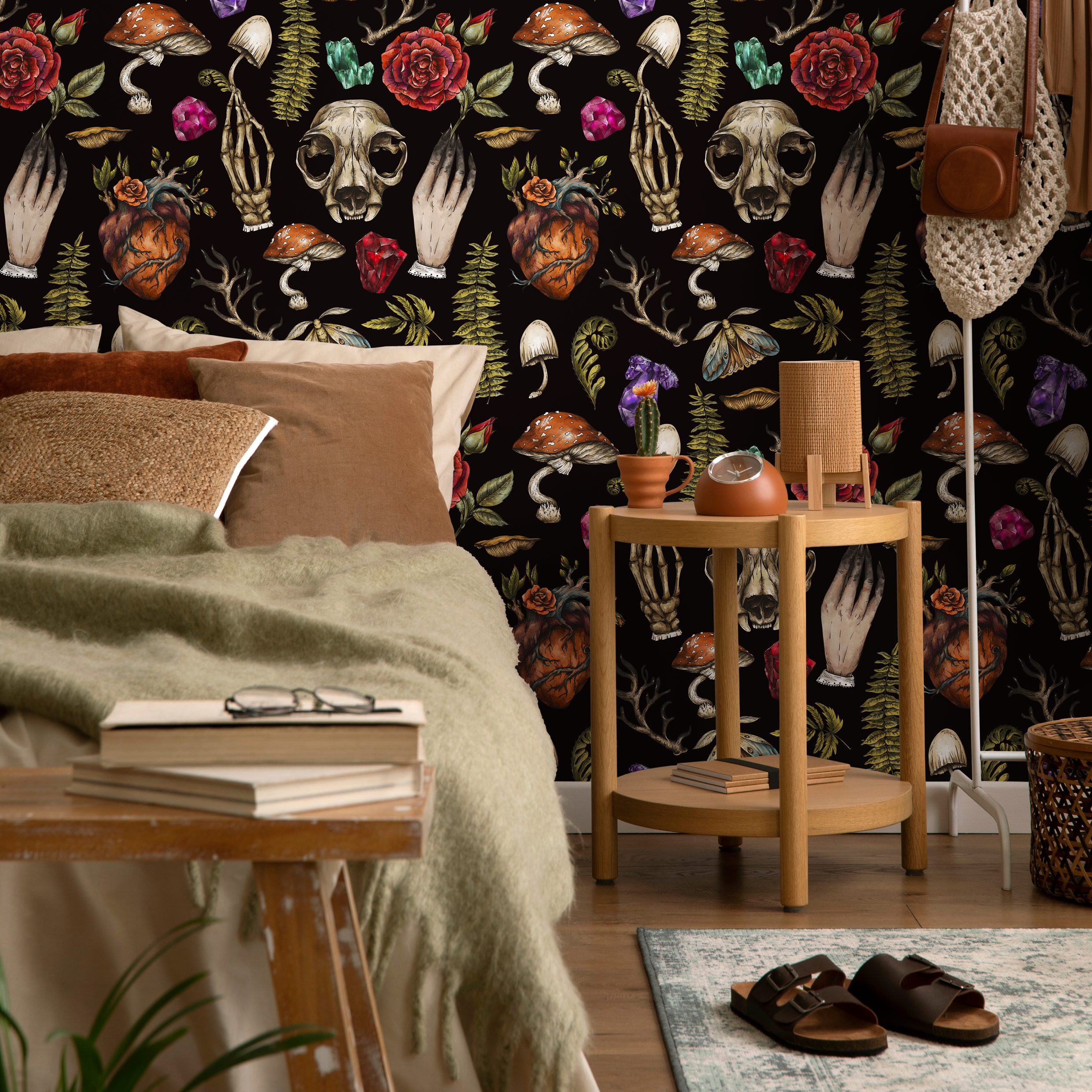 Gothic Wallpaper With Skulls, Roses, And Crystals In Red And Green - D931