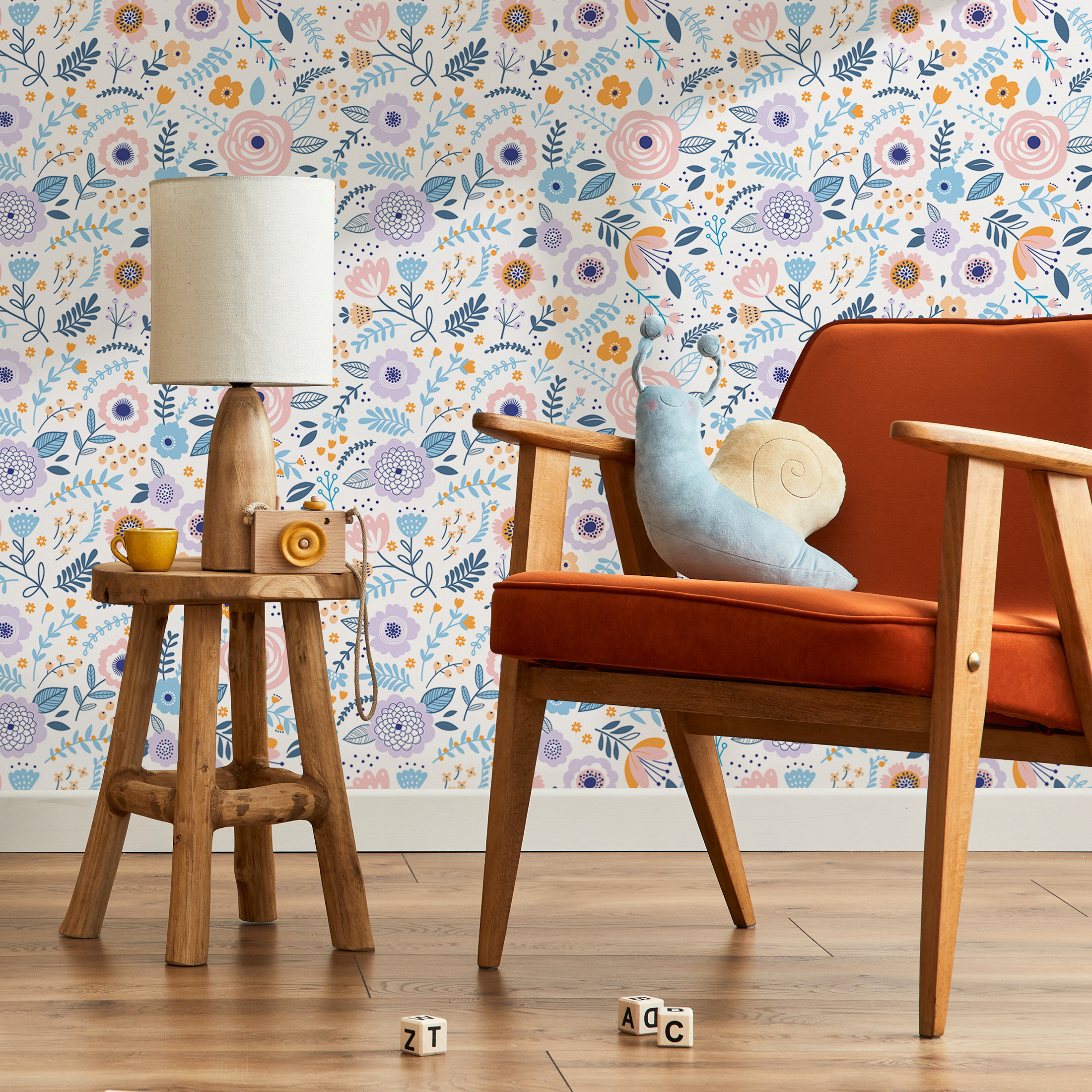 Floral Wallpaper With Stylized Blooms In Pink, Blue, And Purple - D933