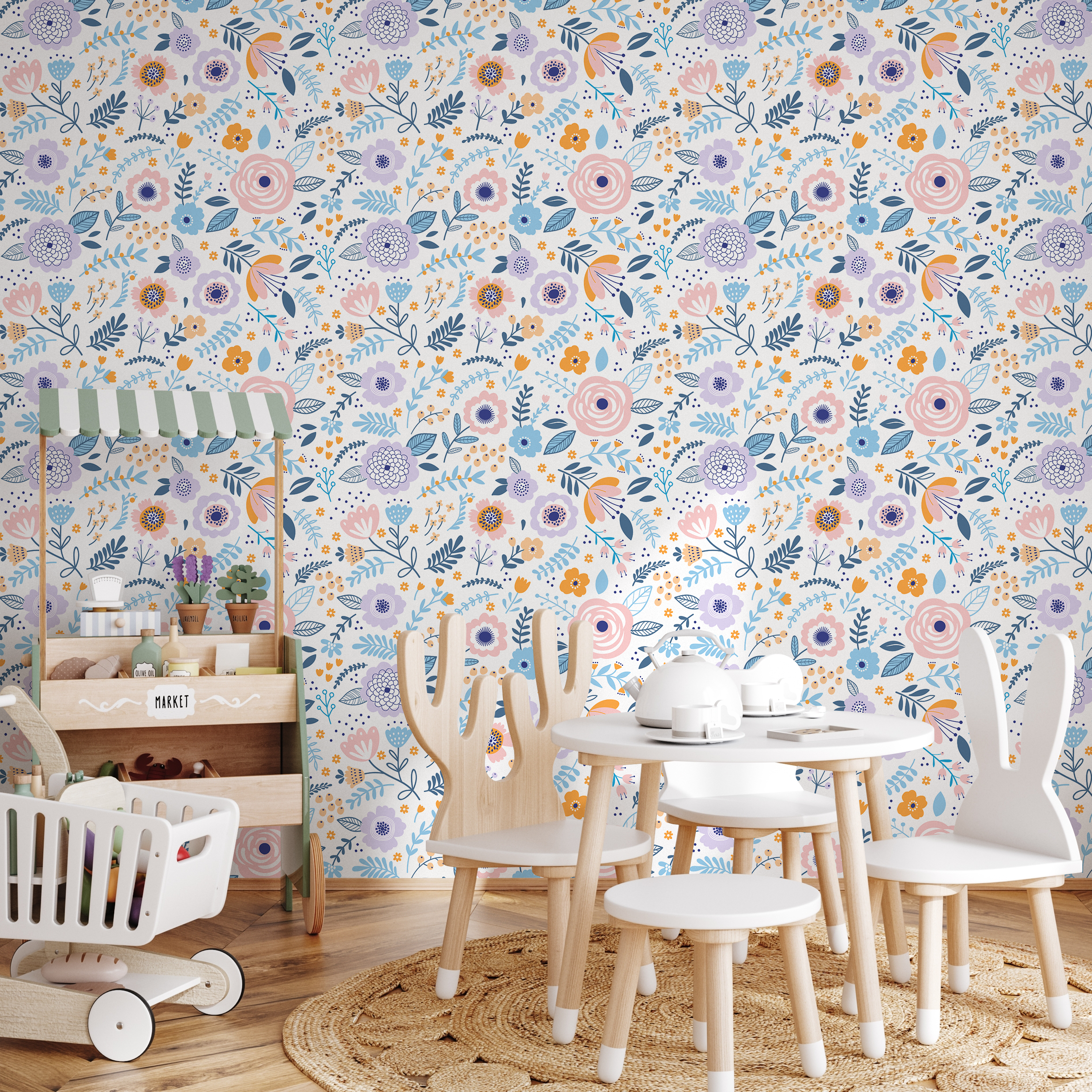 Floral Wallpaper With Stylized Blooms In Pink, Blue, And Purple - D933