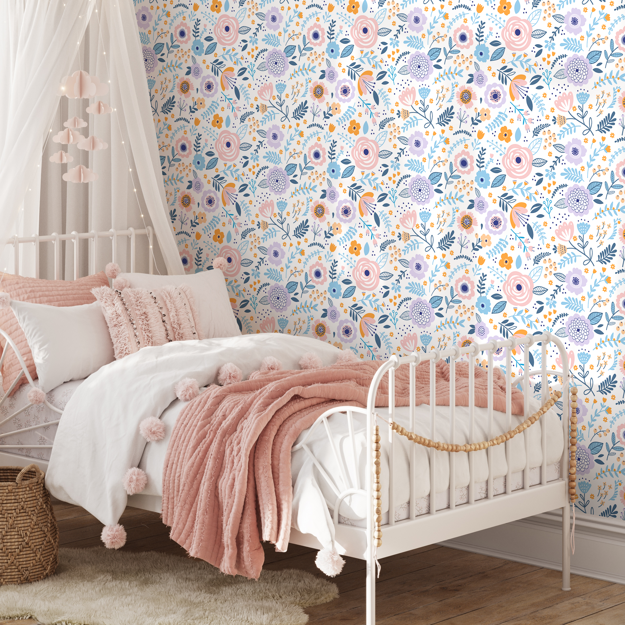 Floral Wallpaper With Stylized Blooms In Pink, Blue, And Purple - D933
