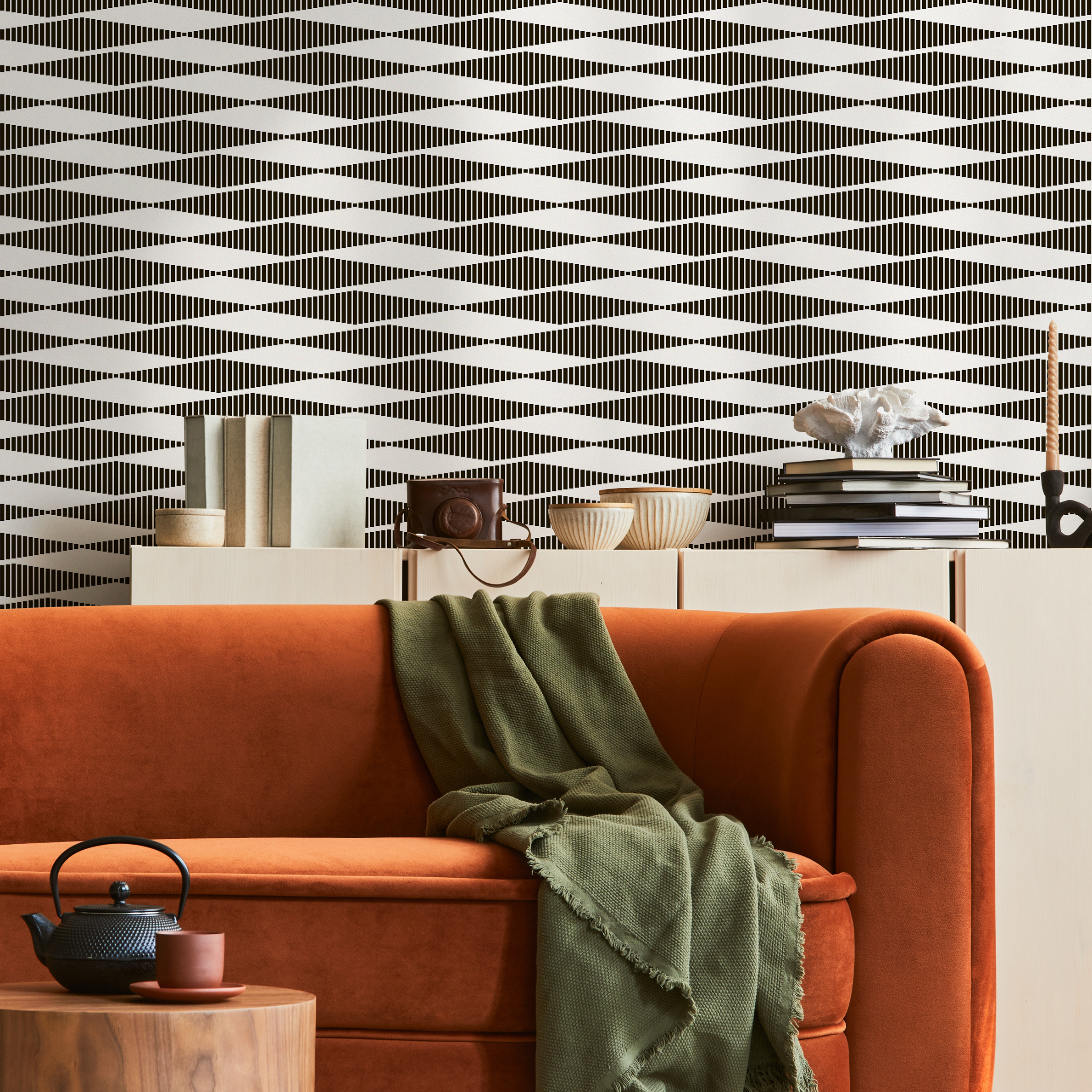 Geometric Wallpaper With An Optical Wave Motif In Black And Light Gray - D943