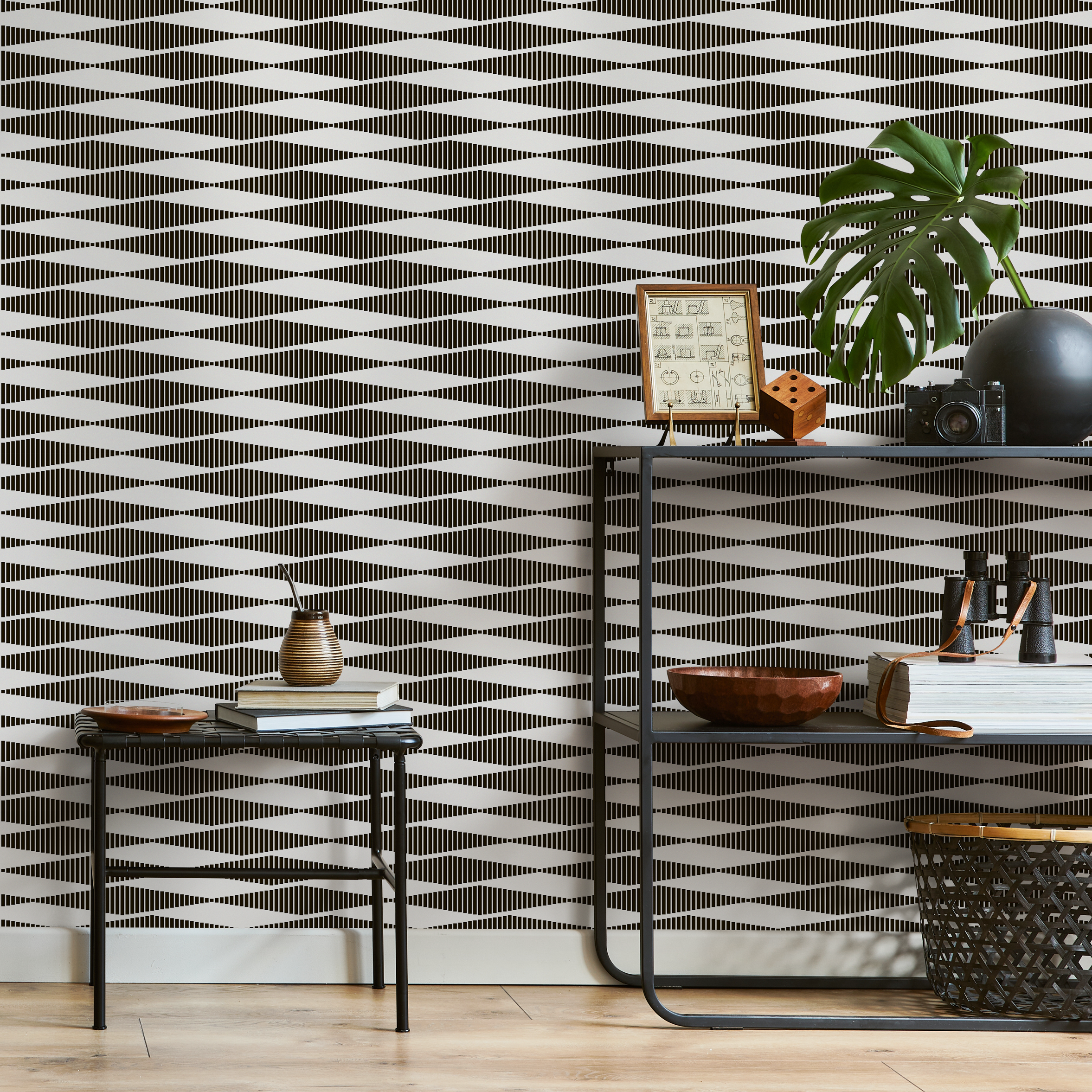 Geometric Wallpaper With An Optical Wave Motif In Black And Light Gray - D943