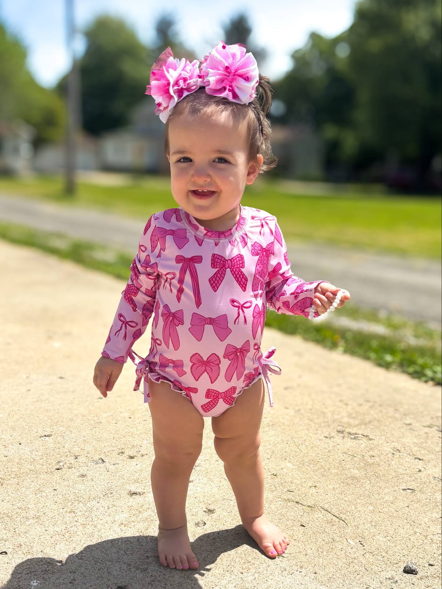 Pink Bows Rash Guard Swimsuit