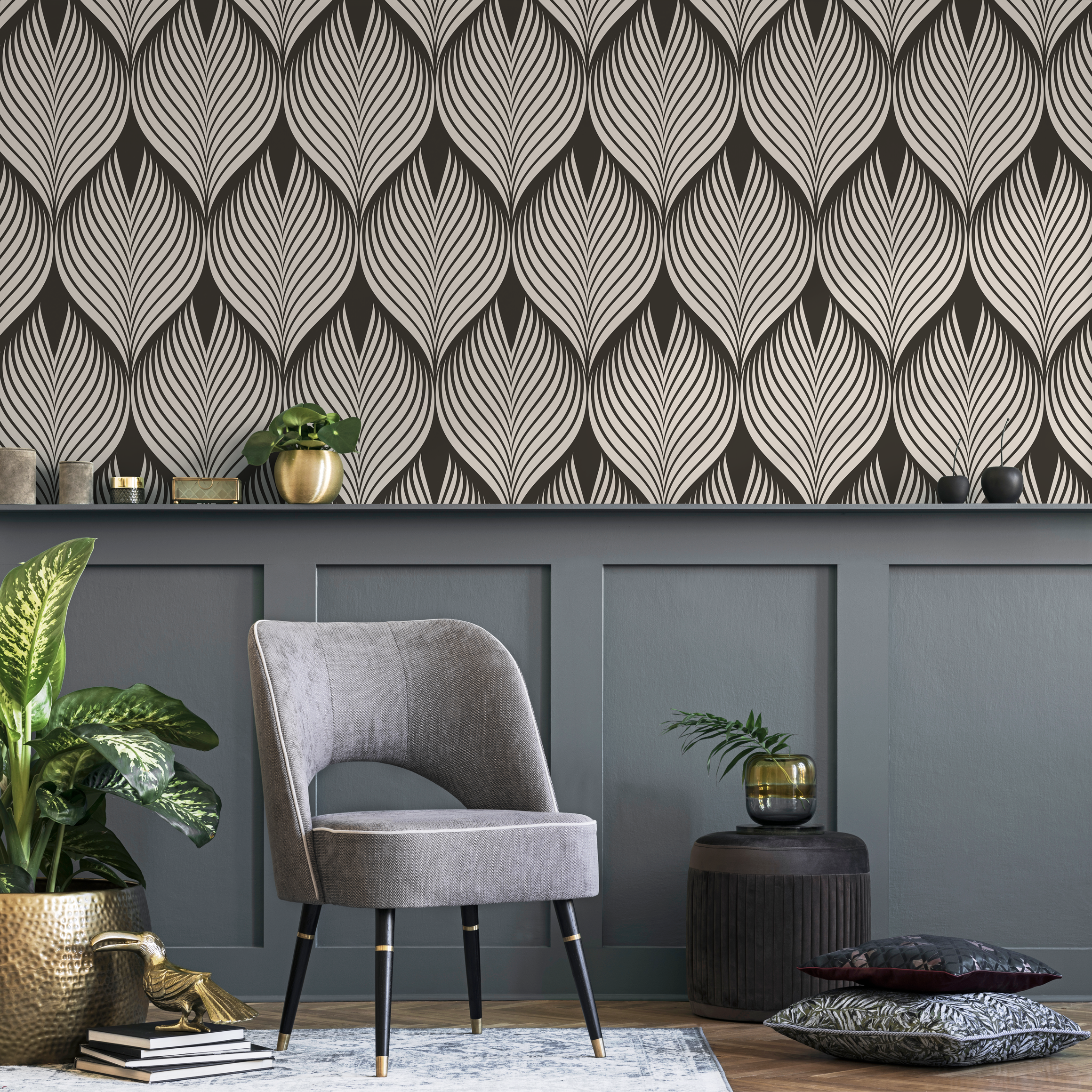 Art Deco Wallpaper With A Stylized Linear Leaf Motif In Brown And Beige - D960