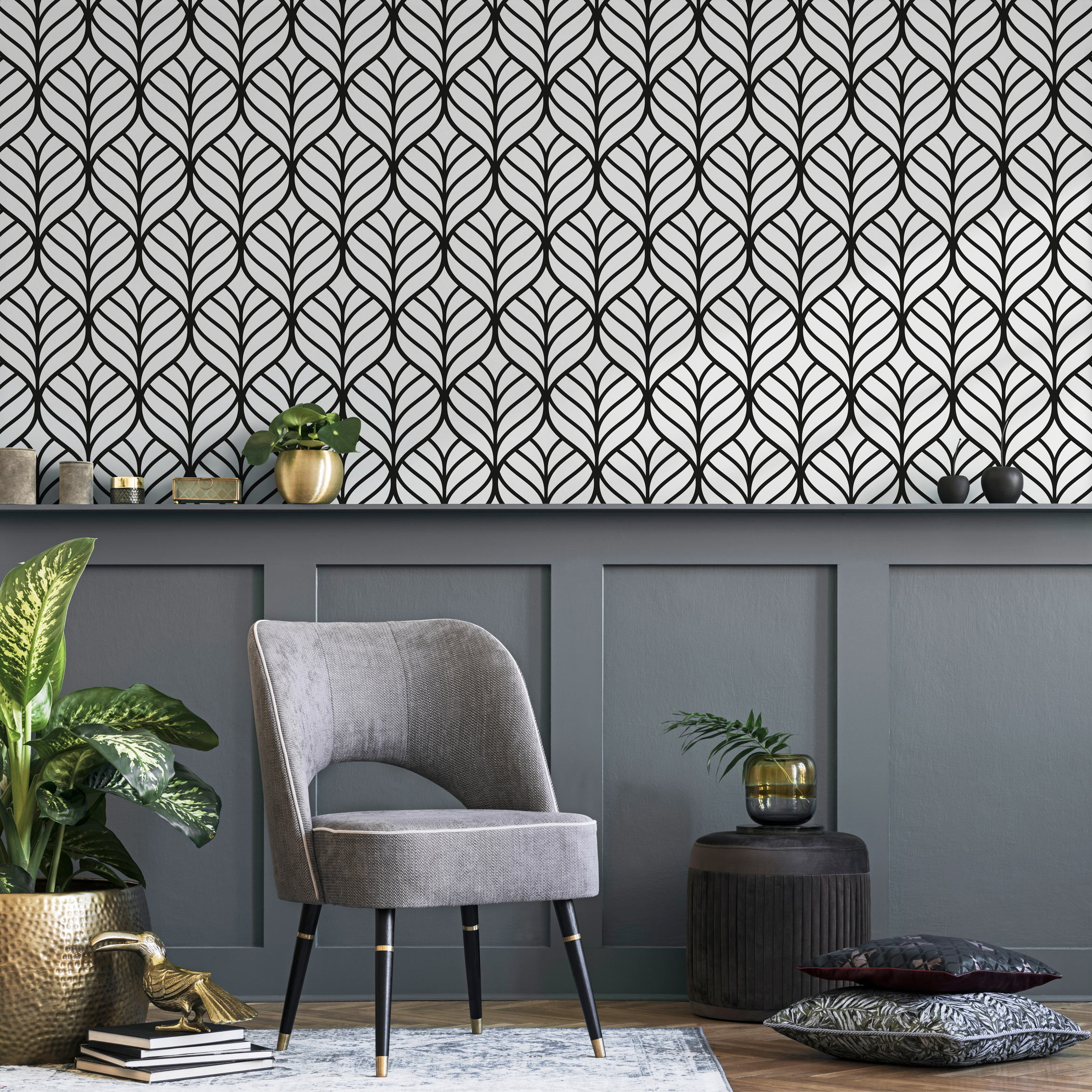 Geometric Wallpaper With A Stylized Leaf Motif In Black And White - D972