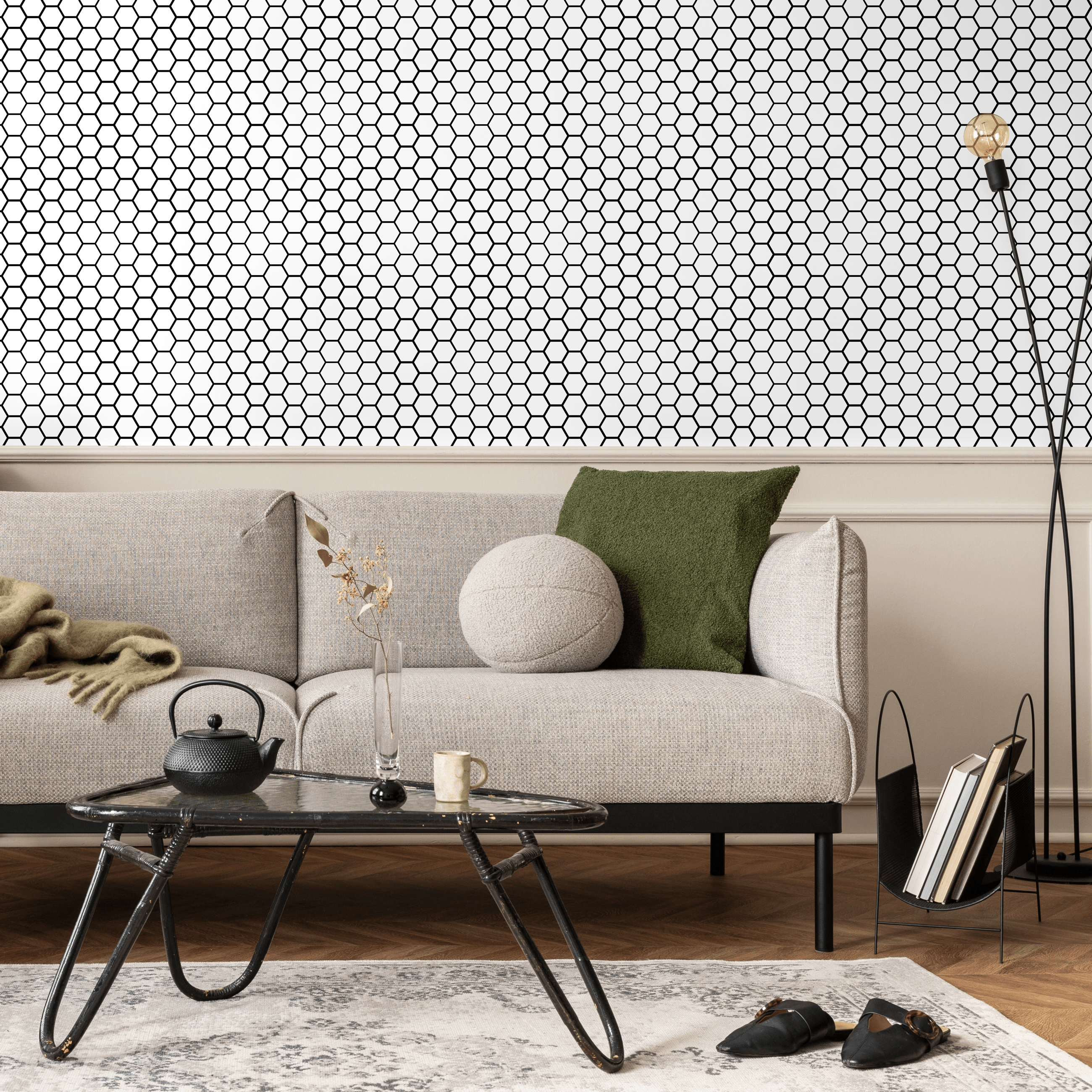 Geometric Wallpaper With A Honeycomb Tile Motif In Black And White - D975