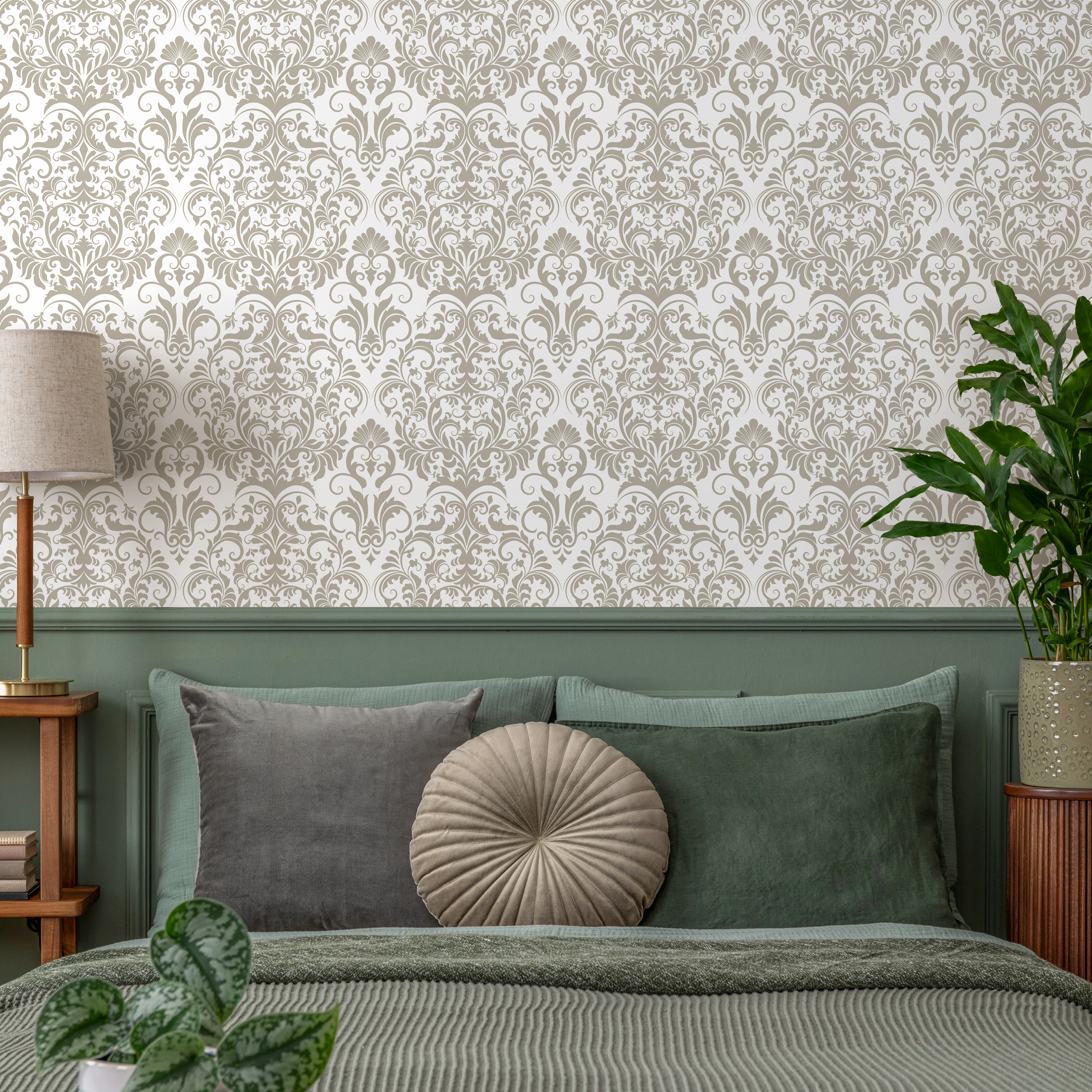 Damask Wallpaper With A Classic Victorian Motif In Neutral Beige - D976