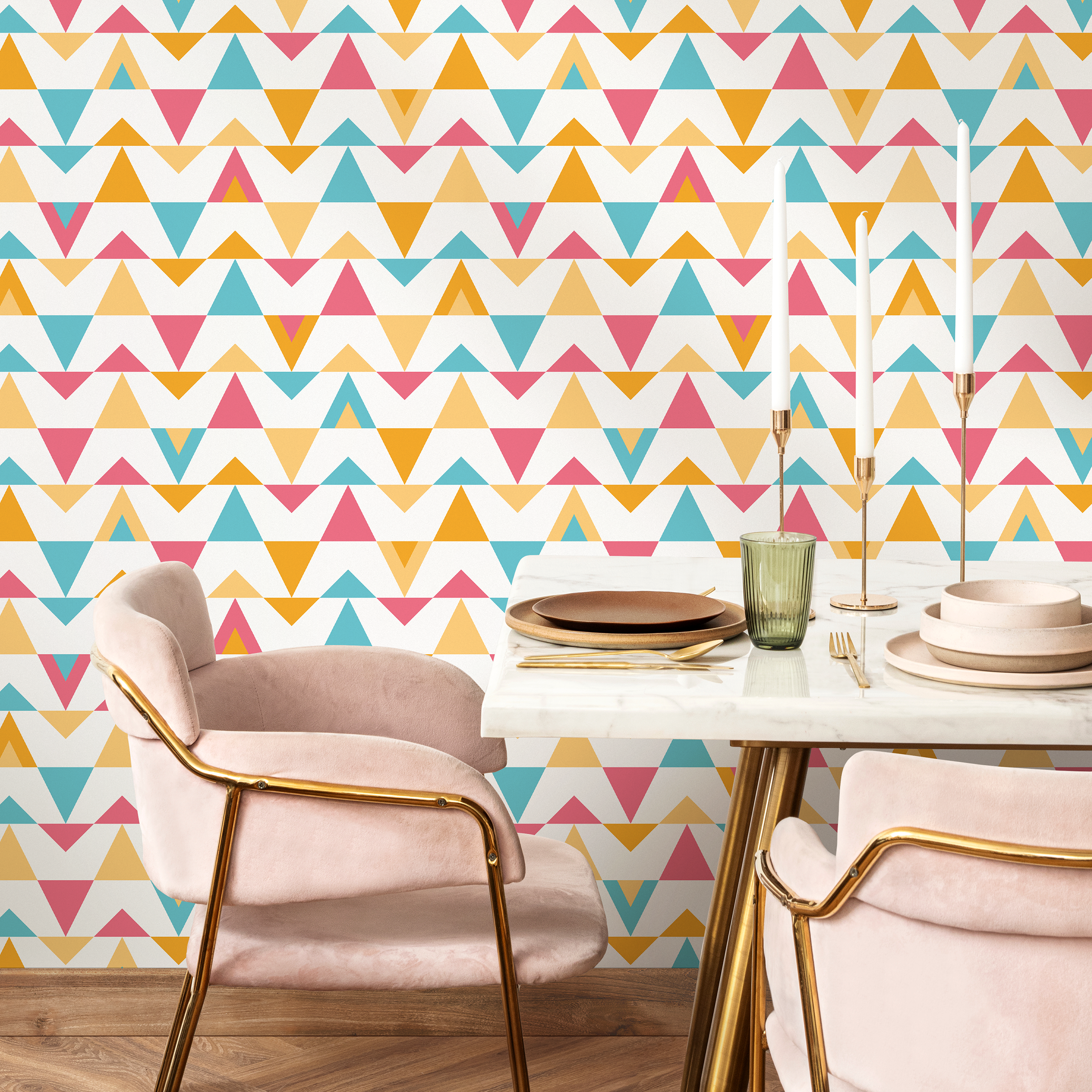 Geometric Wallpaper With A Triangle Pattern In Yellow, Pink, And Blue - D997