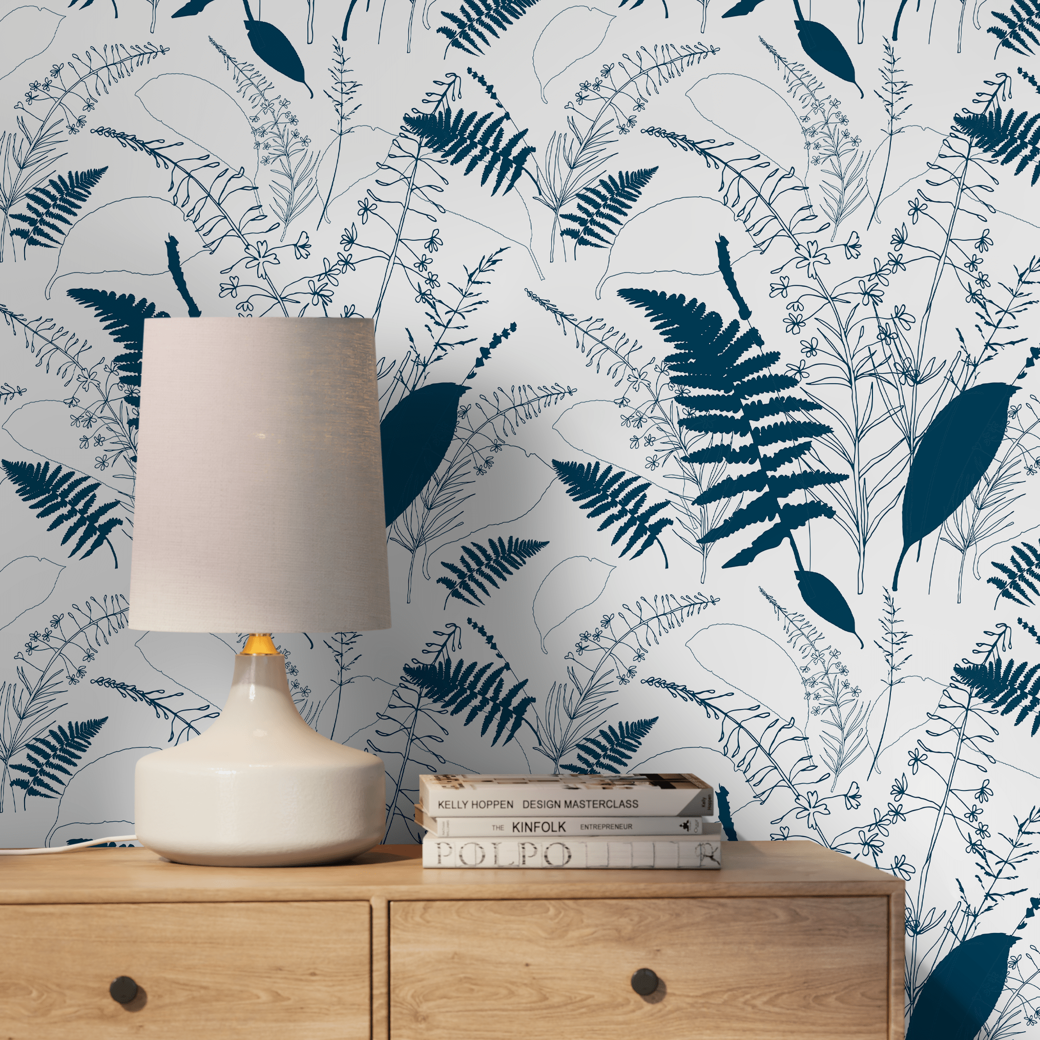 Scandinavian Wallpaper With A Wildflower And Fern Motif In Navy Blue - D977