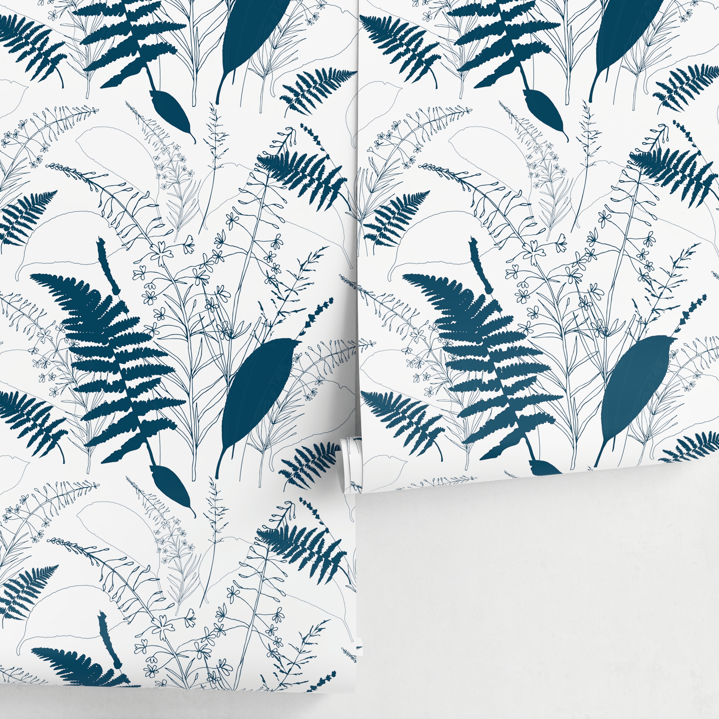 Scandinavian Wallpaper With A Wildflower And Fern Motif In Navy Blue - D977
