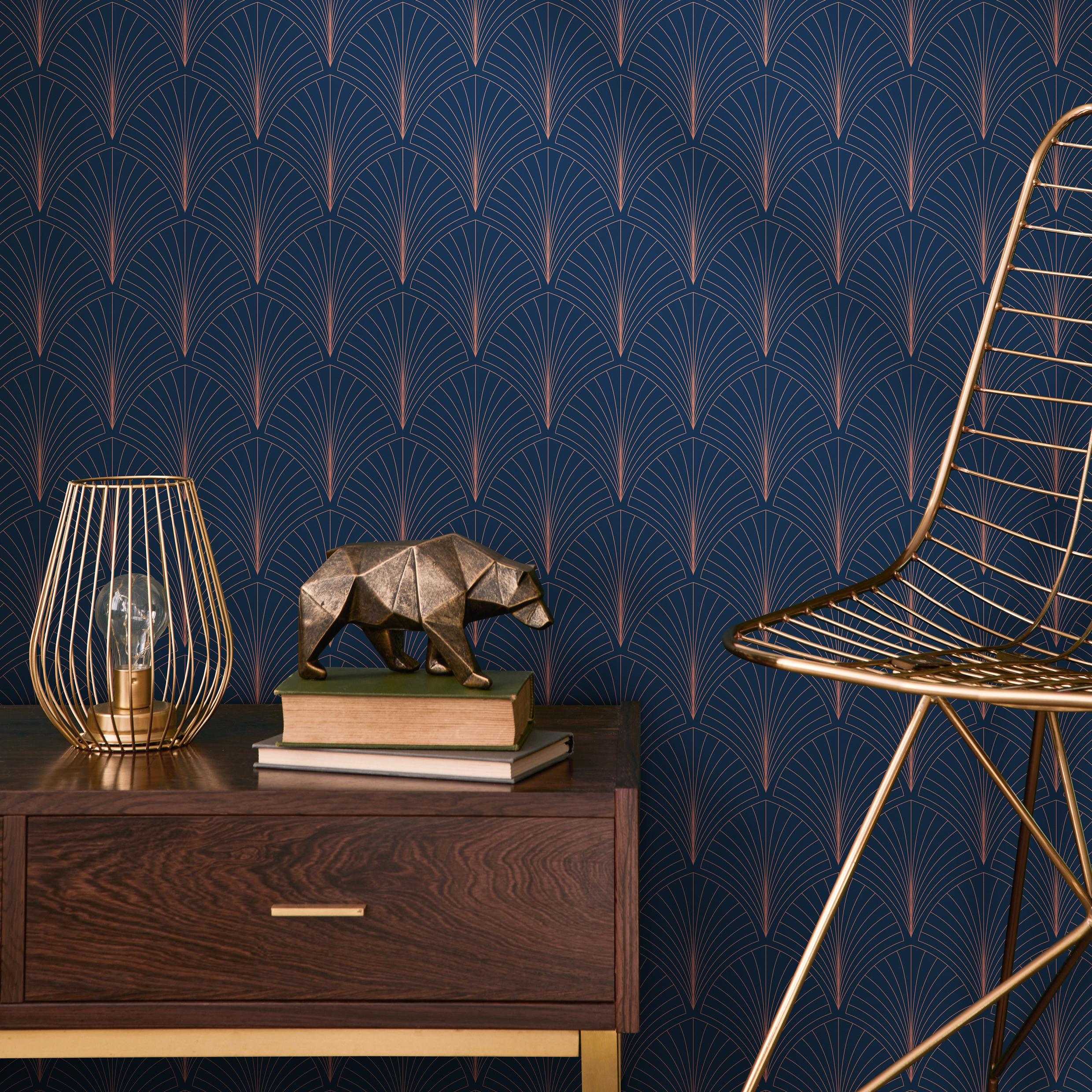 Art Deco Wallpaper With A Geometric Fan Motif In Navy Blue And Gold - D978