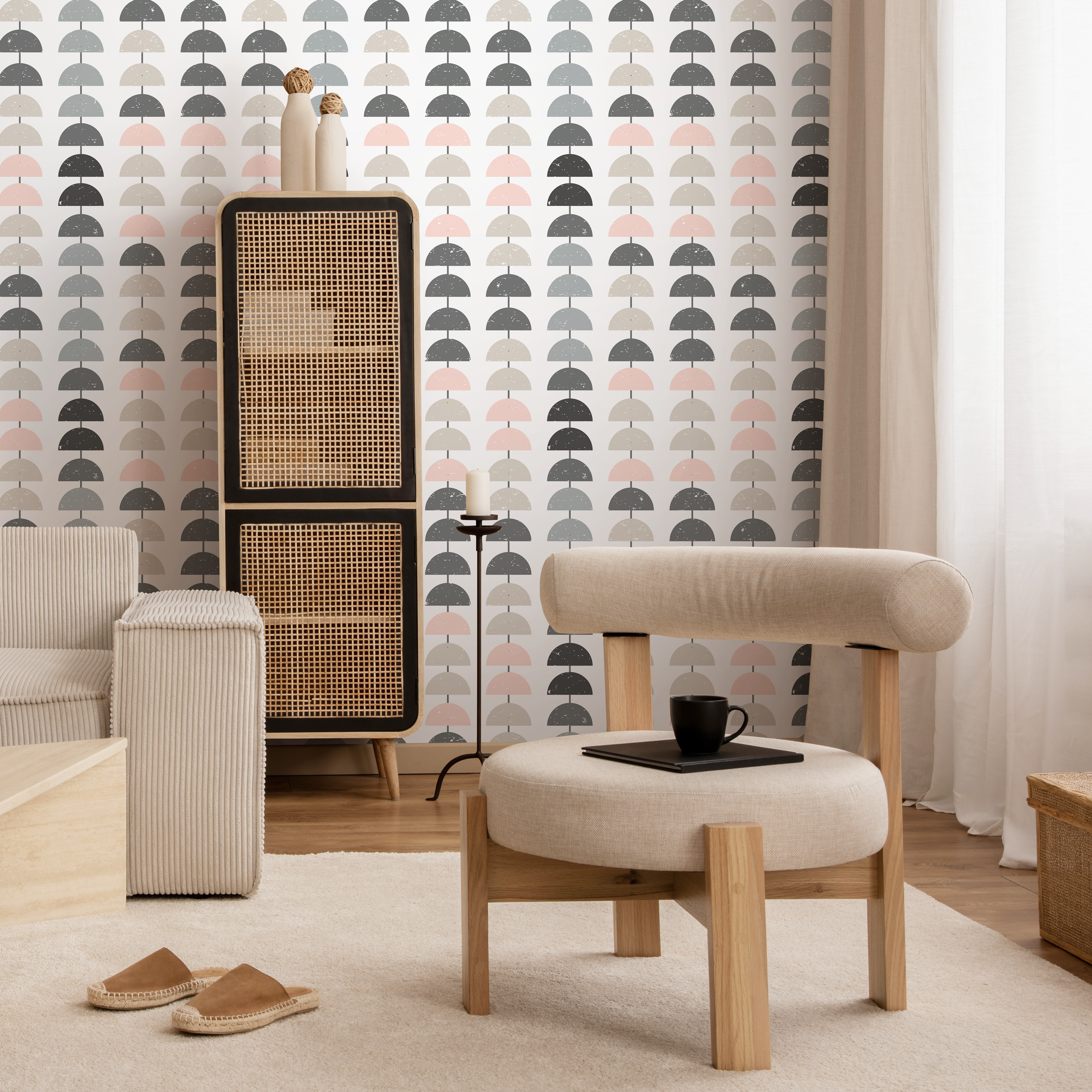 Geometric Wallpaper With A Stacked Semi-circle Motif In Pink, Gray, And Beige - D979