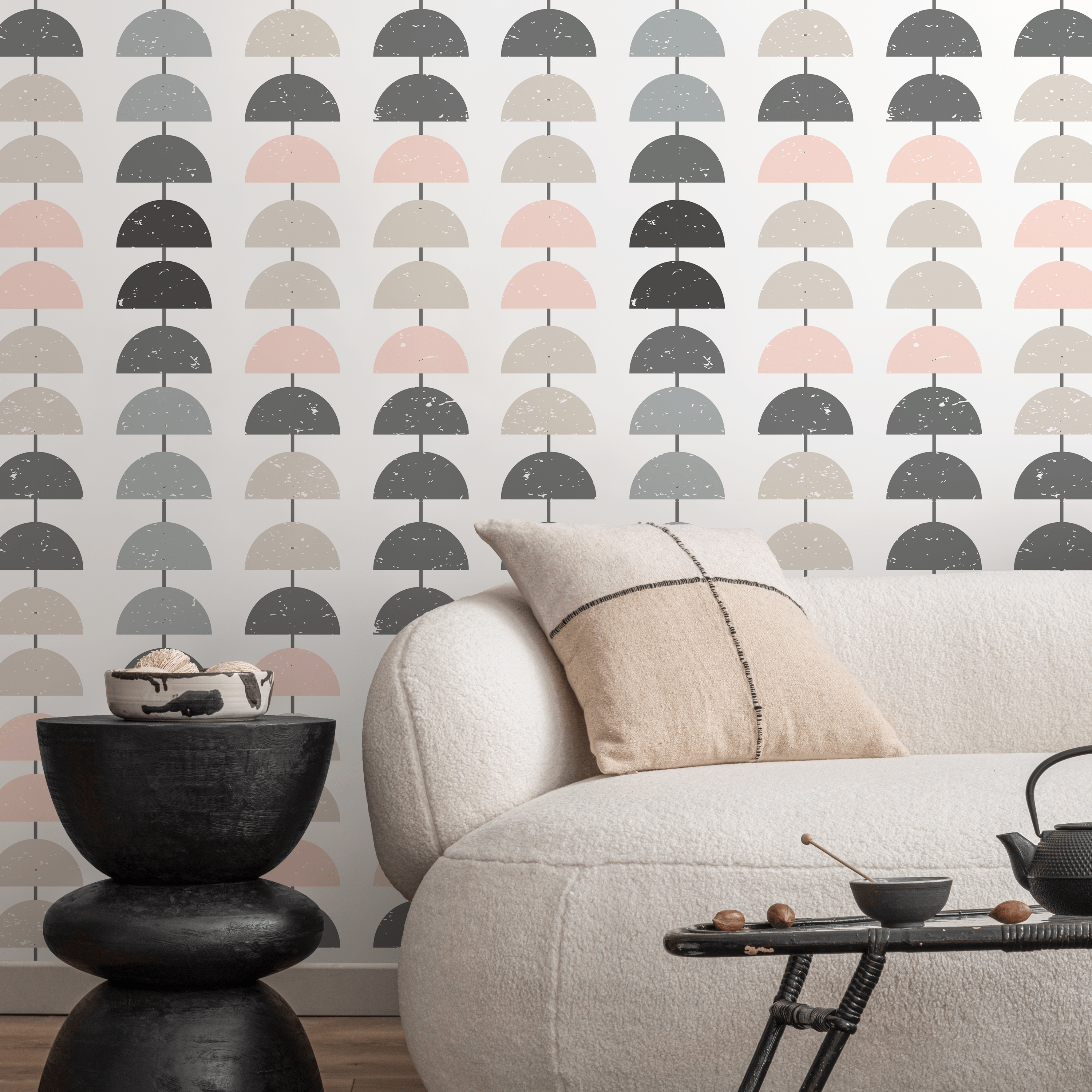 Geometric Wallpaper With A Stacked Semi-circle Motif In Pink, Gray, And Beige - D979