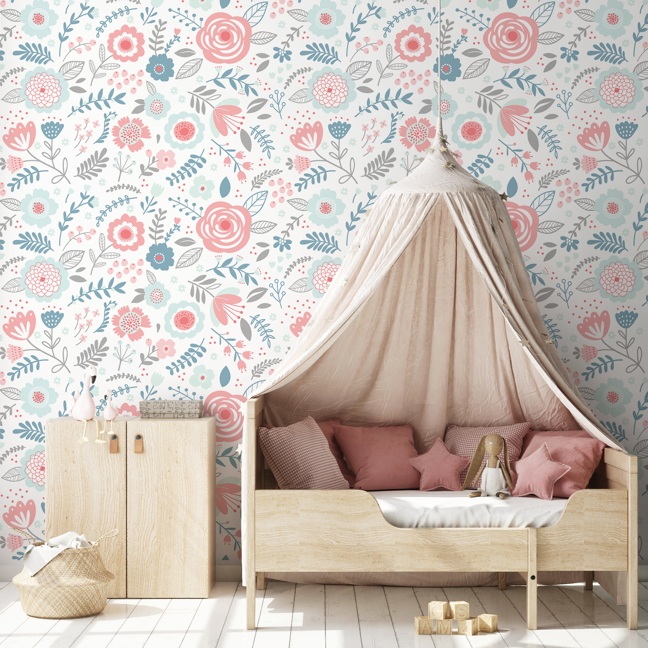 Scandinavian Wallpaper With Stylized Flowers In Pink, Blue, And Grey - D982