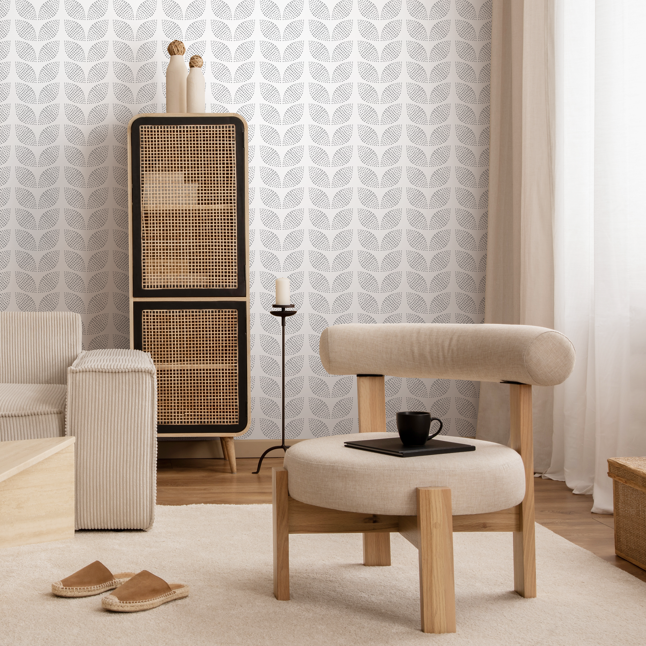 Scandinavian Wallpaper With Dotted Leaf Motifs In Gray - D983