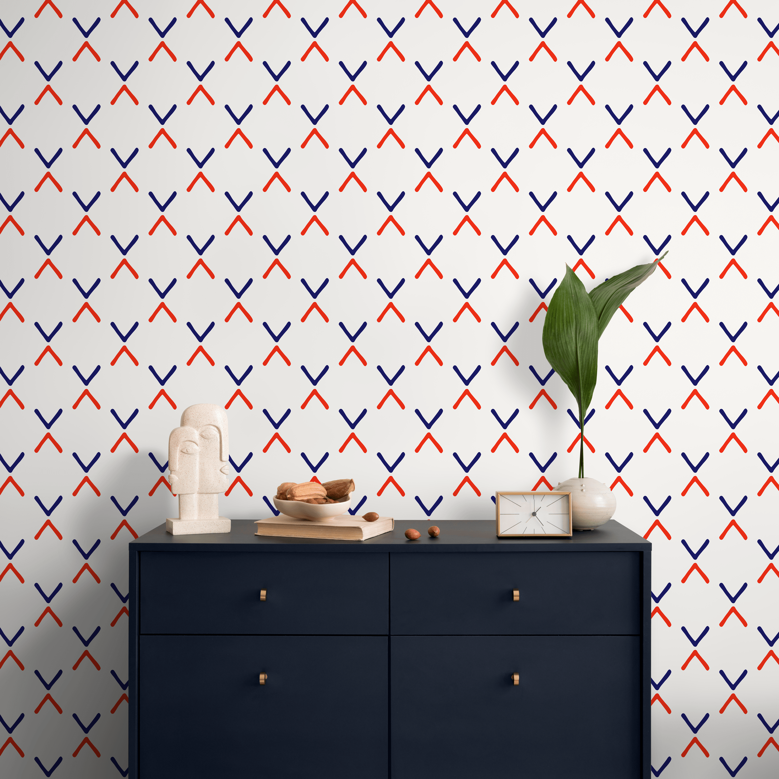 Geometric Wallpaper With A Minimalist Cross Motif In Red And Blue - D984