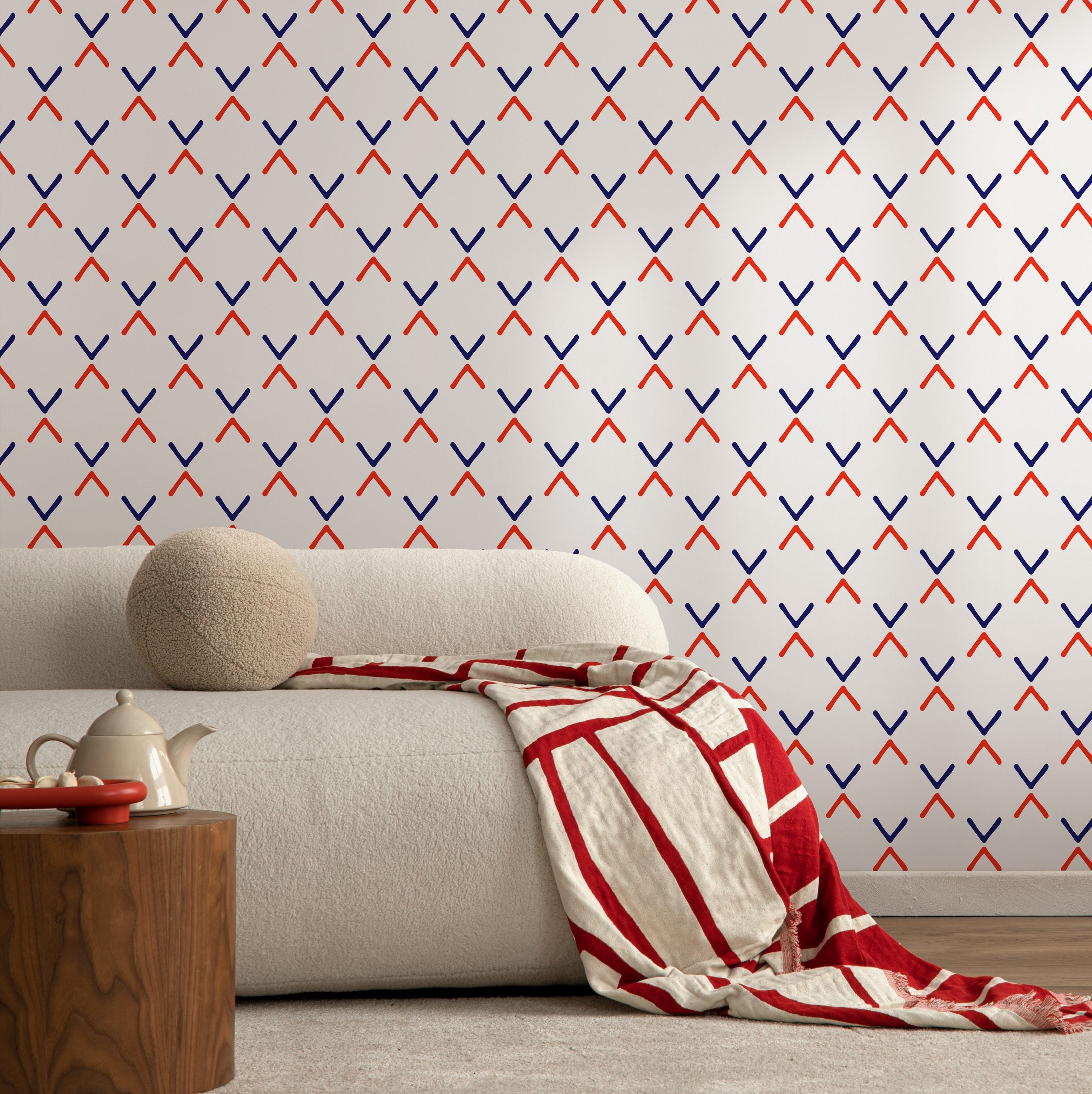 Geometric Wallpaper With A Minimalist Cross Motif In Red And Blue - D984