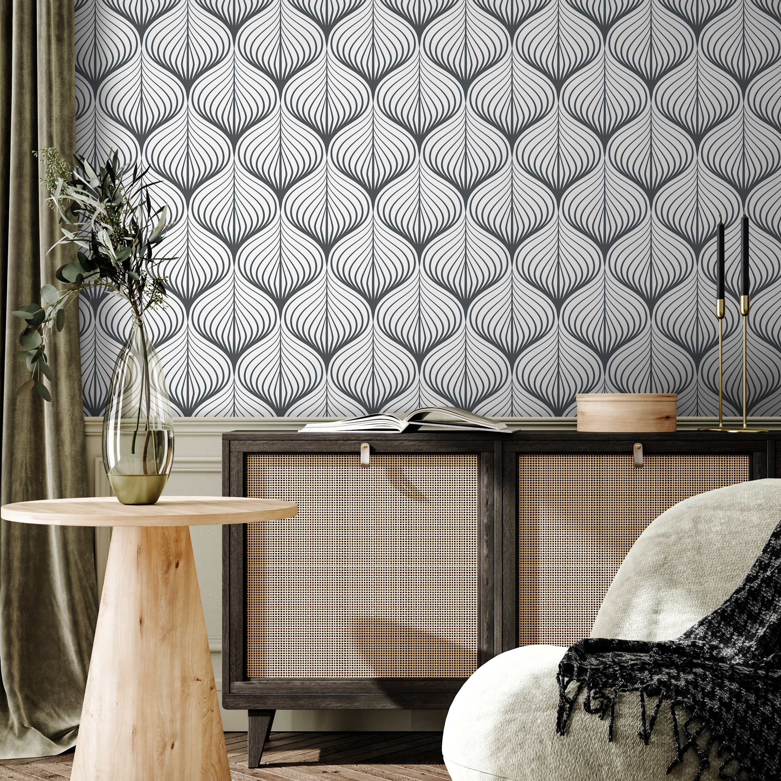 Art Deco Wallpaper With Rhythmic Curving Lines In Gray - D985