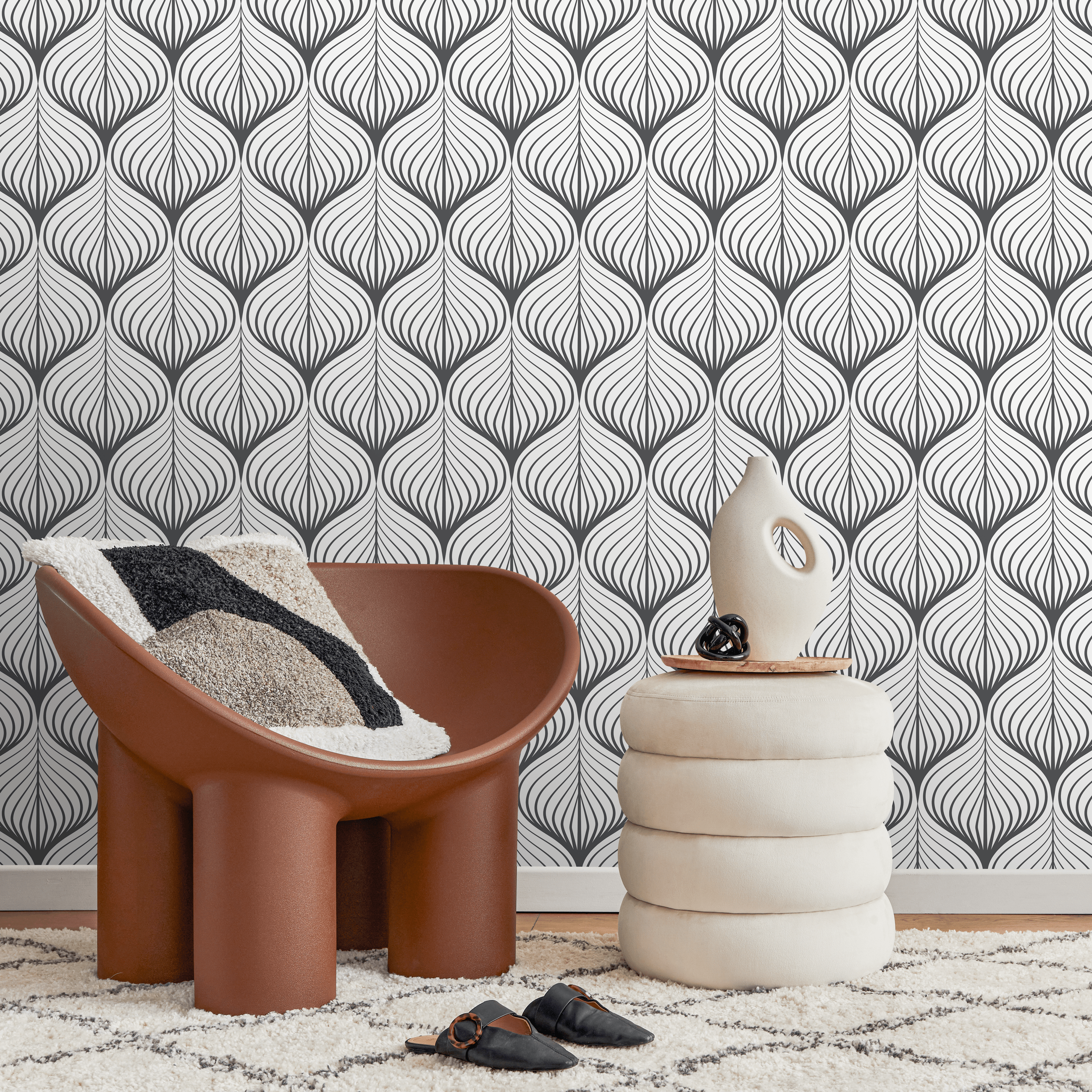 Art Deco Wallpaper With Rhythmic Curving Lines In Gray - D985