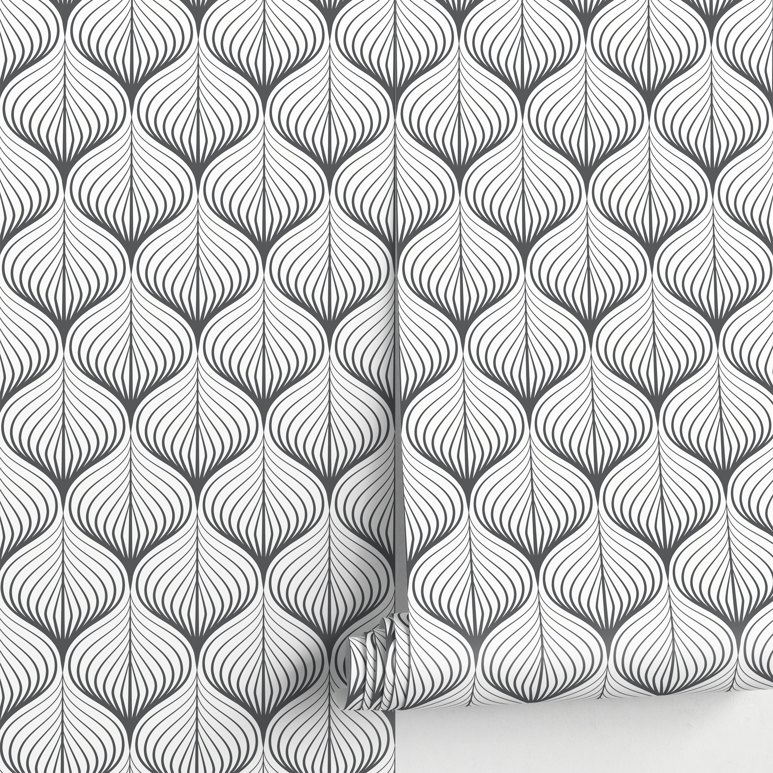 Art Deco Wallpaper With Rhythmic Curving Lines In Gray - D985