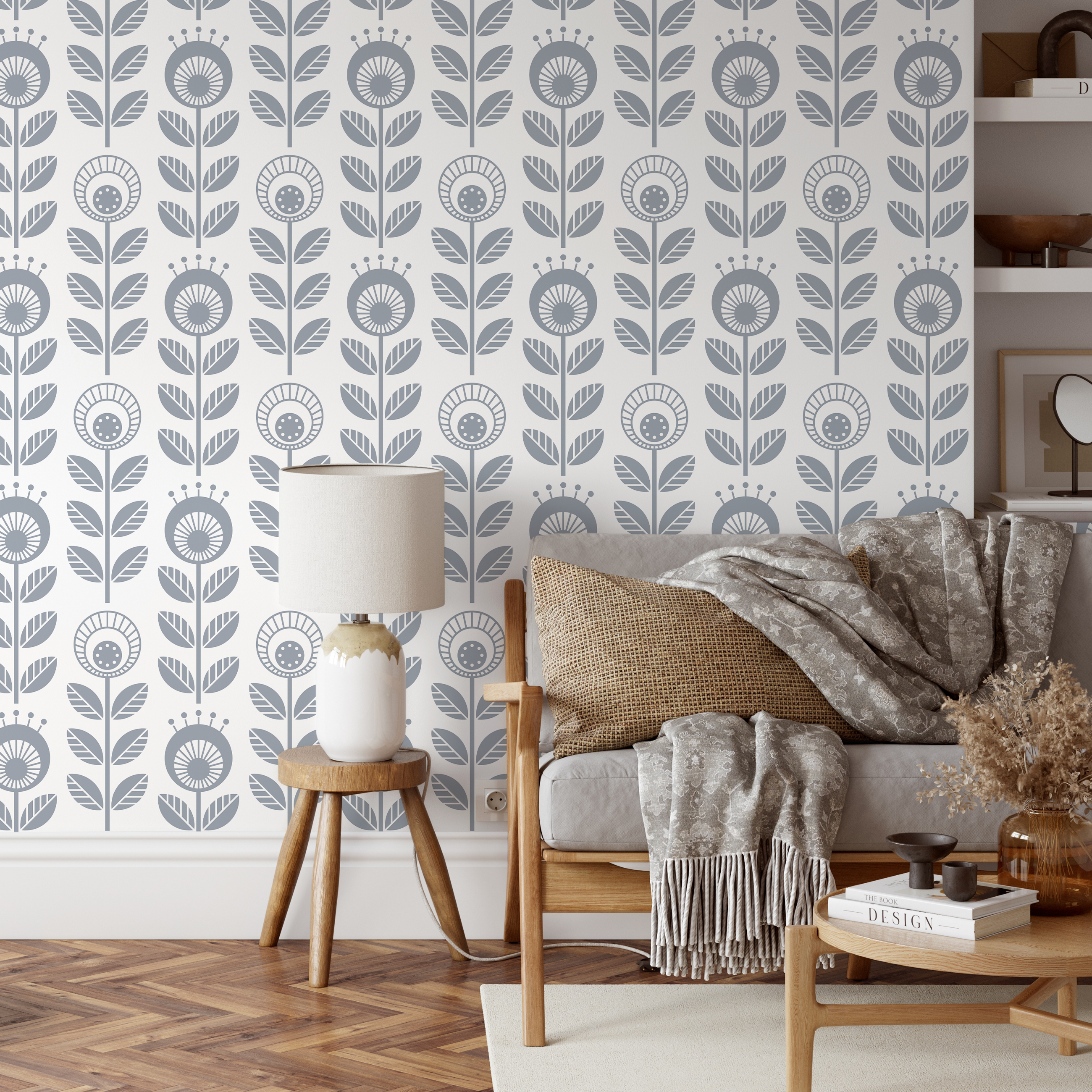 Scandinavian Wallpaper With A Stylized Folk Art Floral Motif In Gray - D988