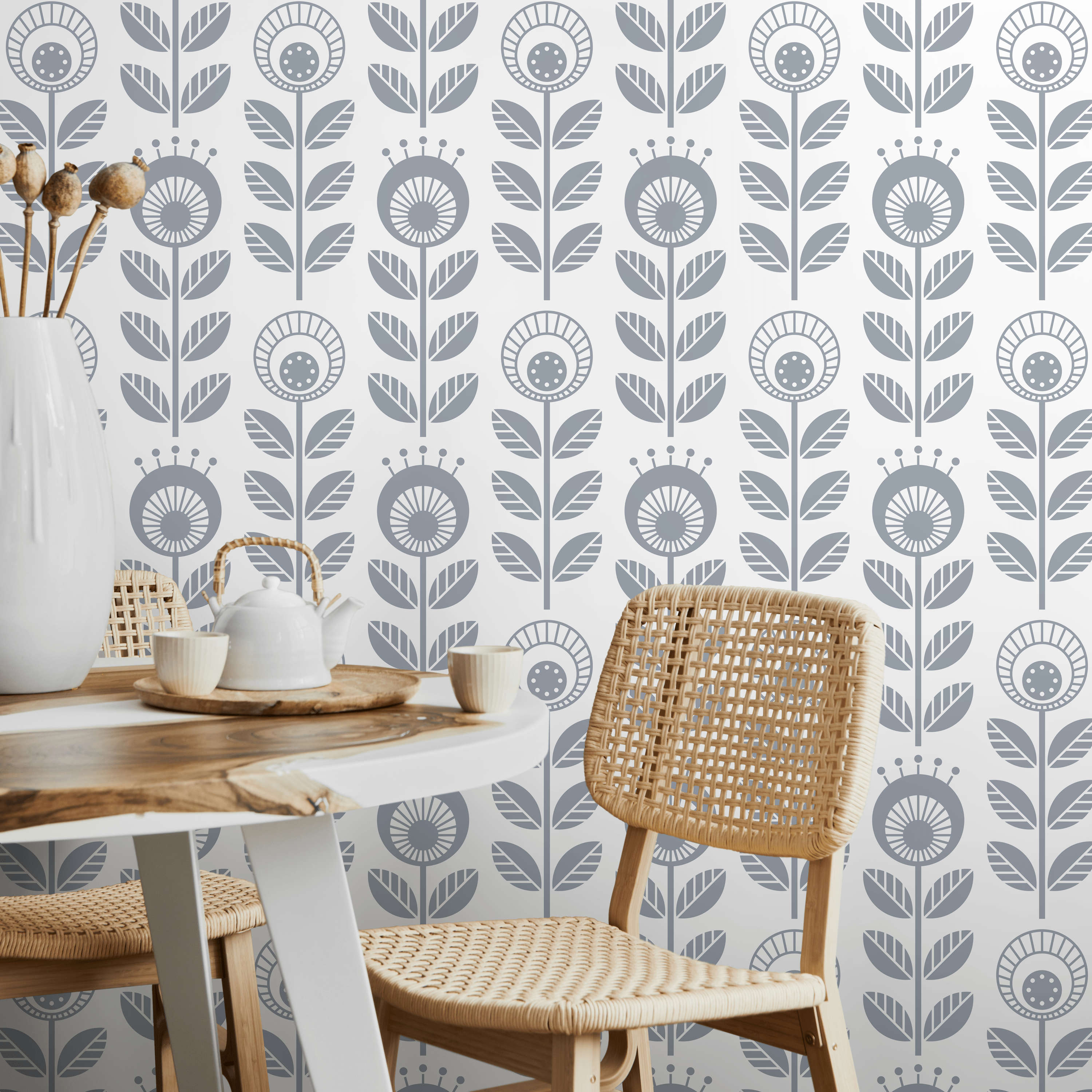 Scandinavian Wallpaper With A Stylized Folk Art Floral Motif In Gray - D988