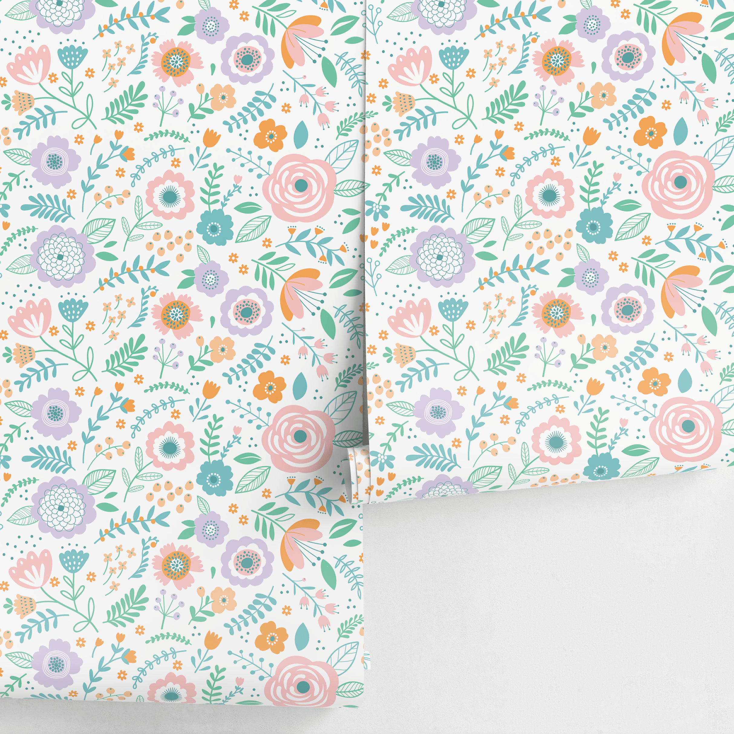 Floral Wallpaper With Stylized Meadow Flowers In Pink, Lavender, And Teal - D990