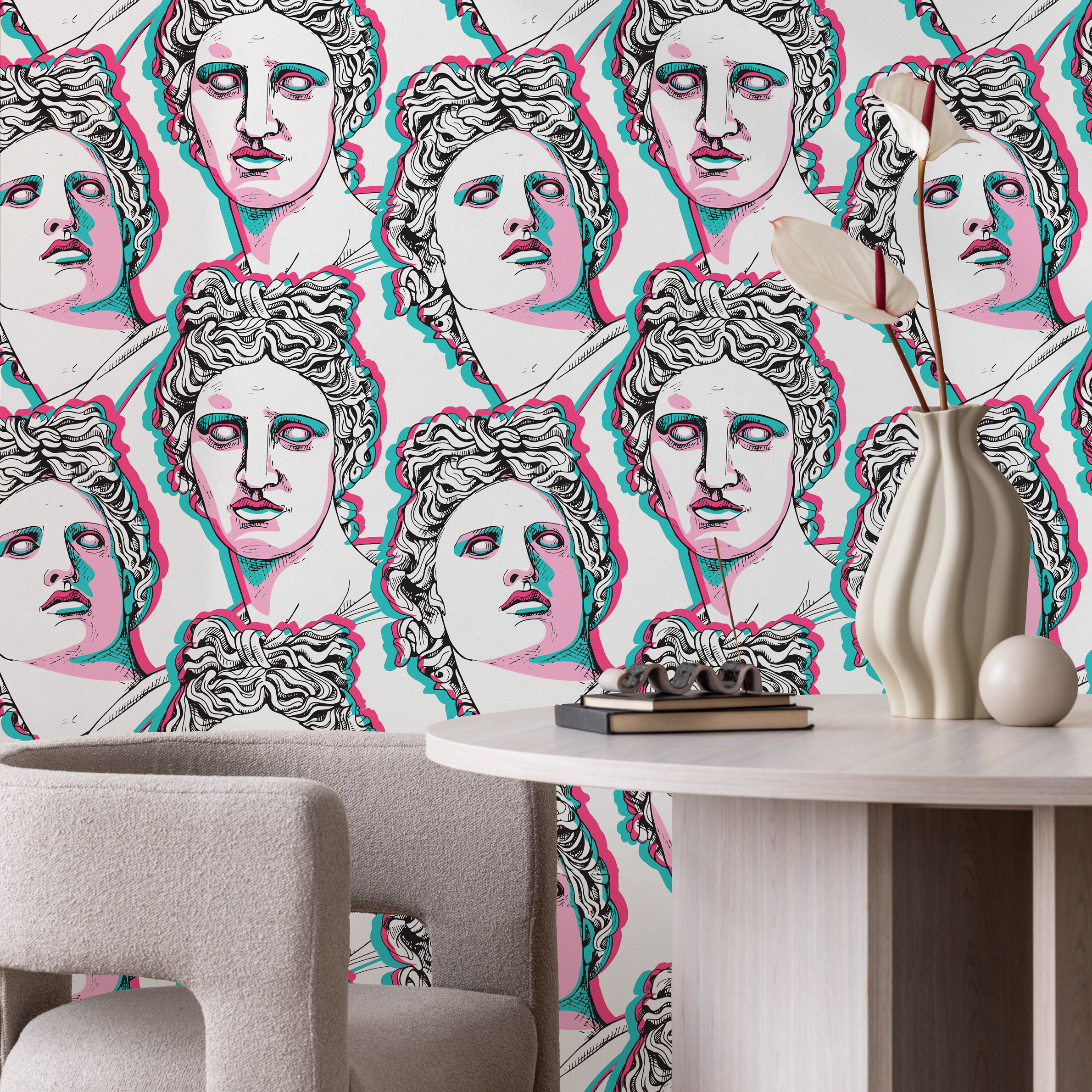 Classical Art Wallpaper With A Pop Art Glitch Effect In Pink, Cyan, And Black - D998