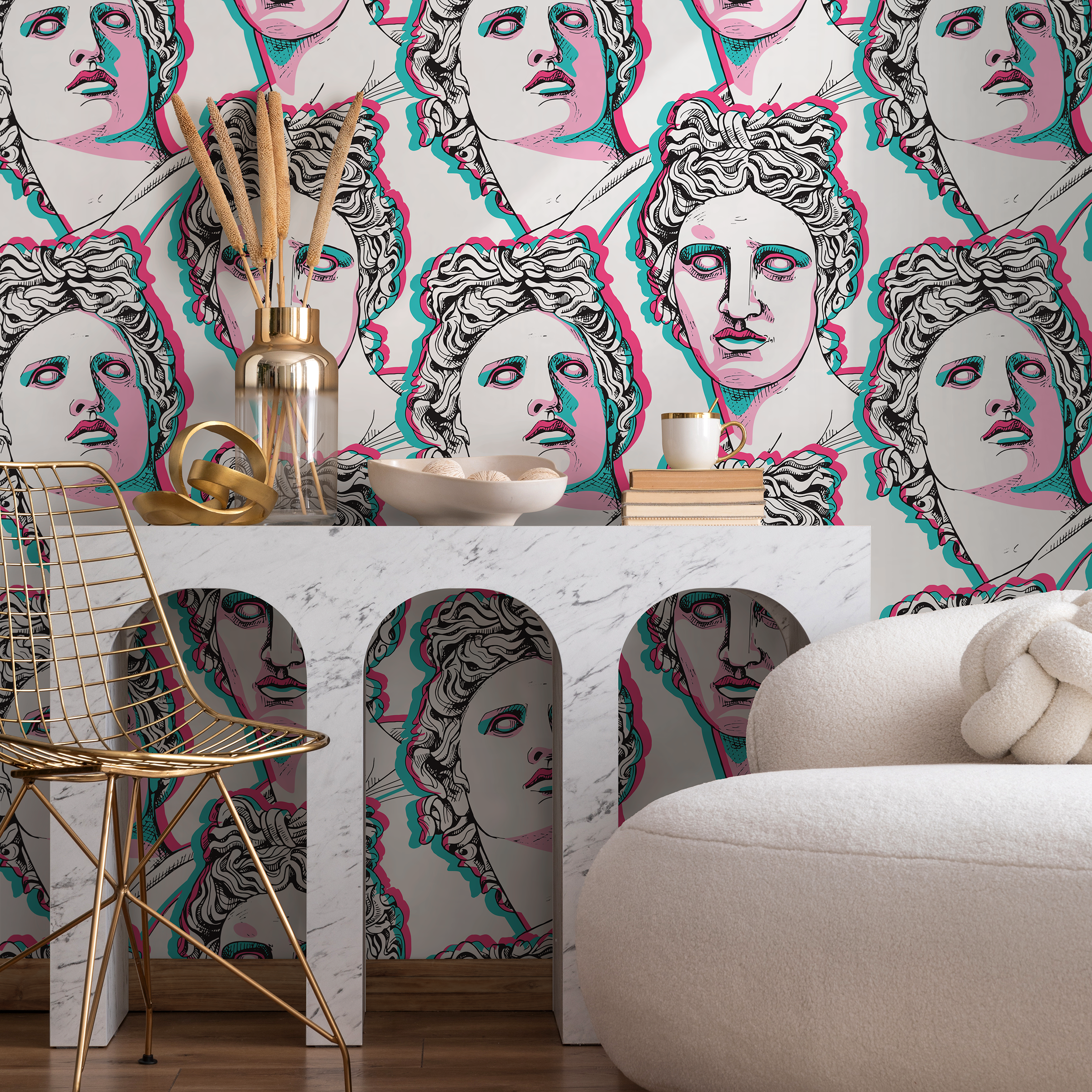 Classical Art Wallpaper With A Pop Art Glitch Effect In Pink, Cyan, And Black - D998