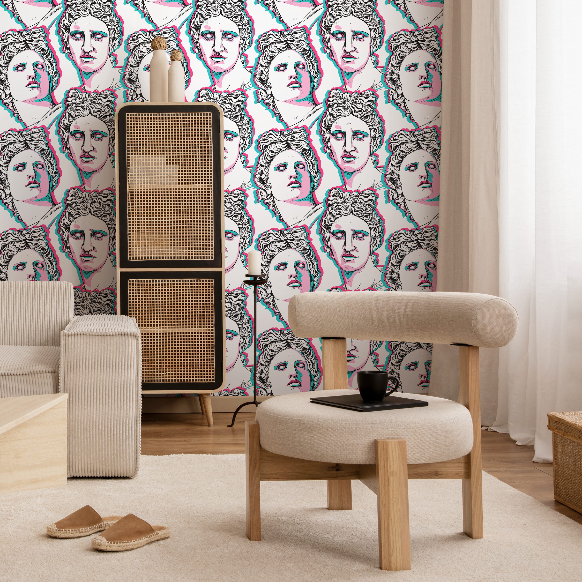 Classical Art Wallpaper With A Pop Art Glitch Effect In Pink, Cyan, And Black - D998