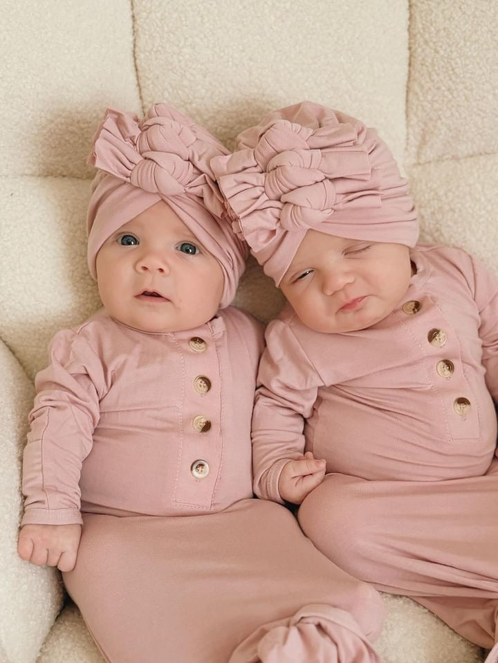 Newborn Knotted Gown And 3 Bow Turban Hat - Dusty Rose