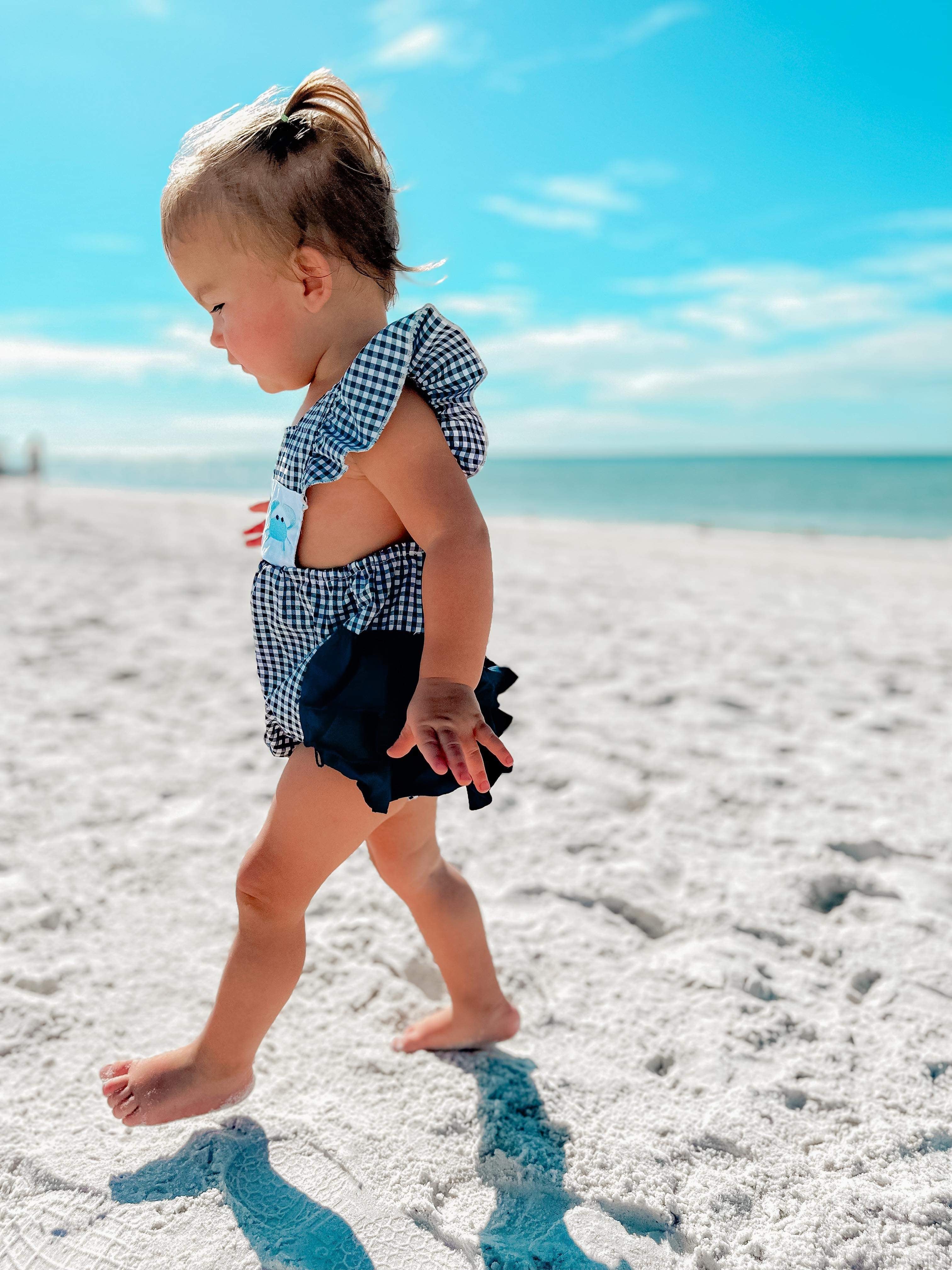 Blue Crab Beach Embroidered Romper