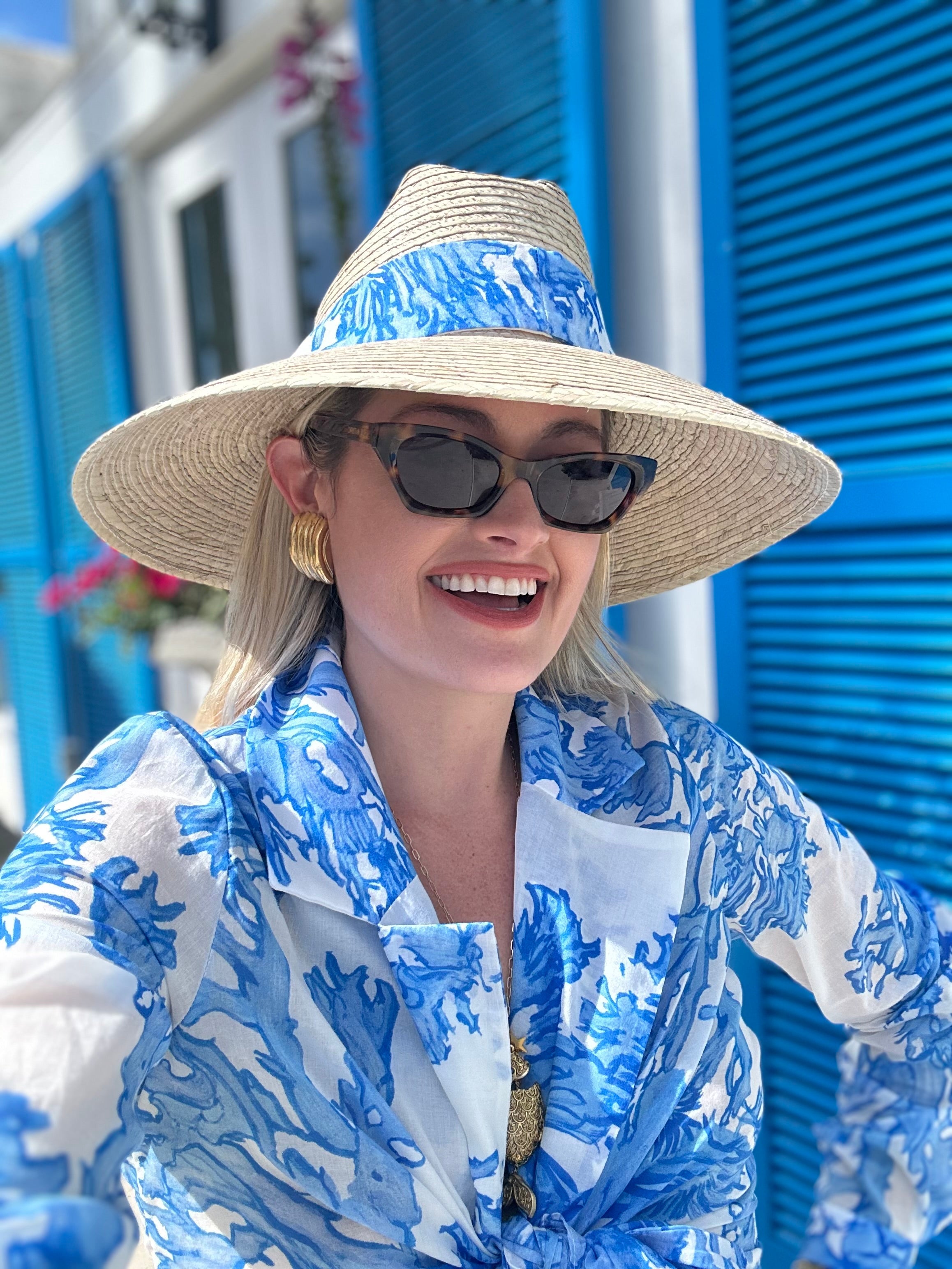 Hollyhock Sun Hat - Long & Thin Blue Gingham Ribbon With Wood Nautical Toggle