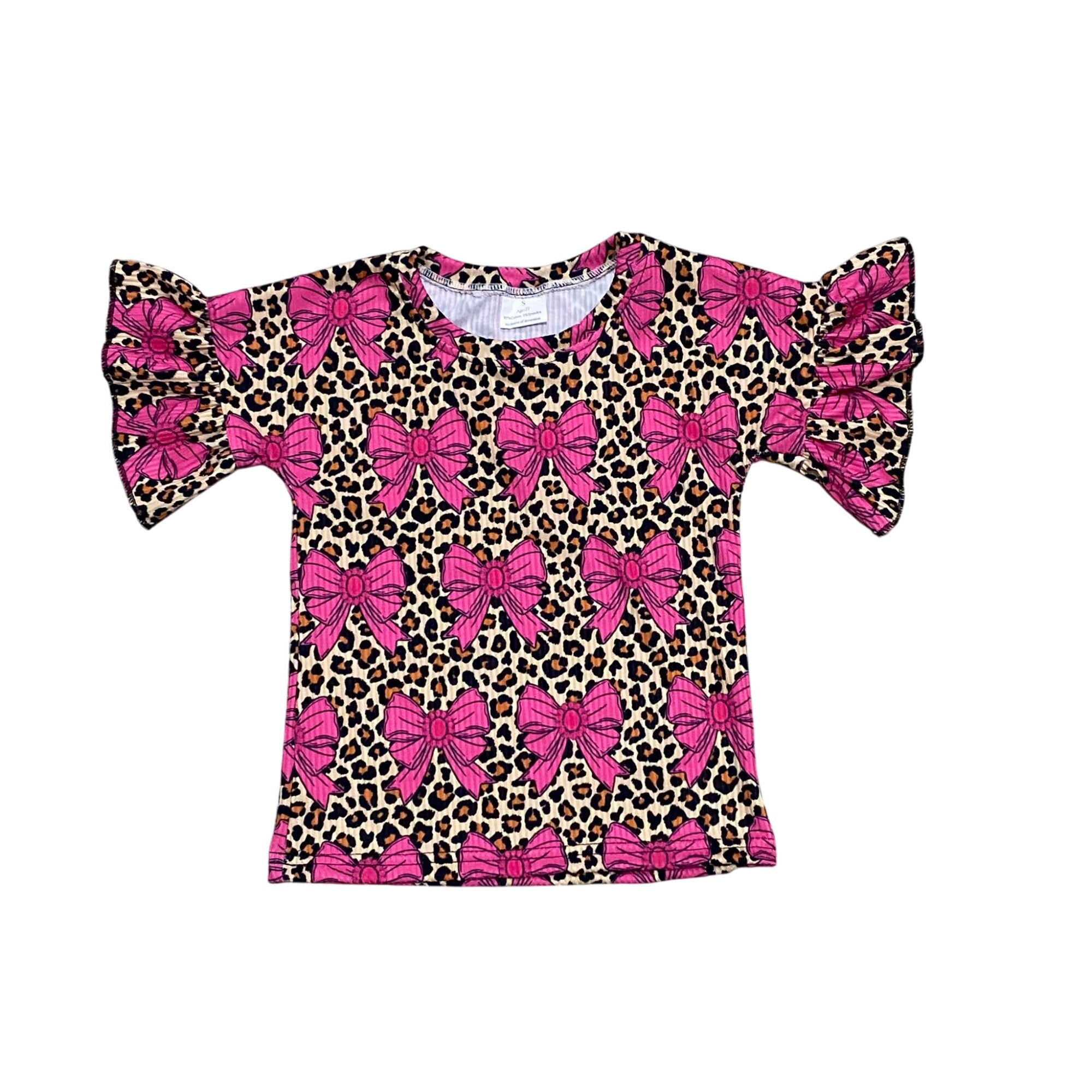 Leopard Bow Ribbed Ruffle Top