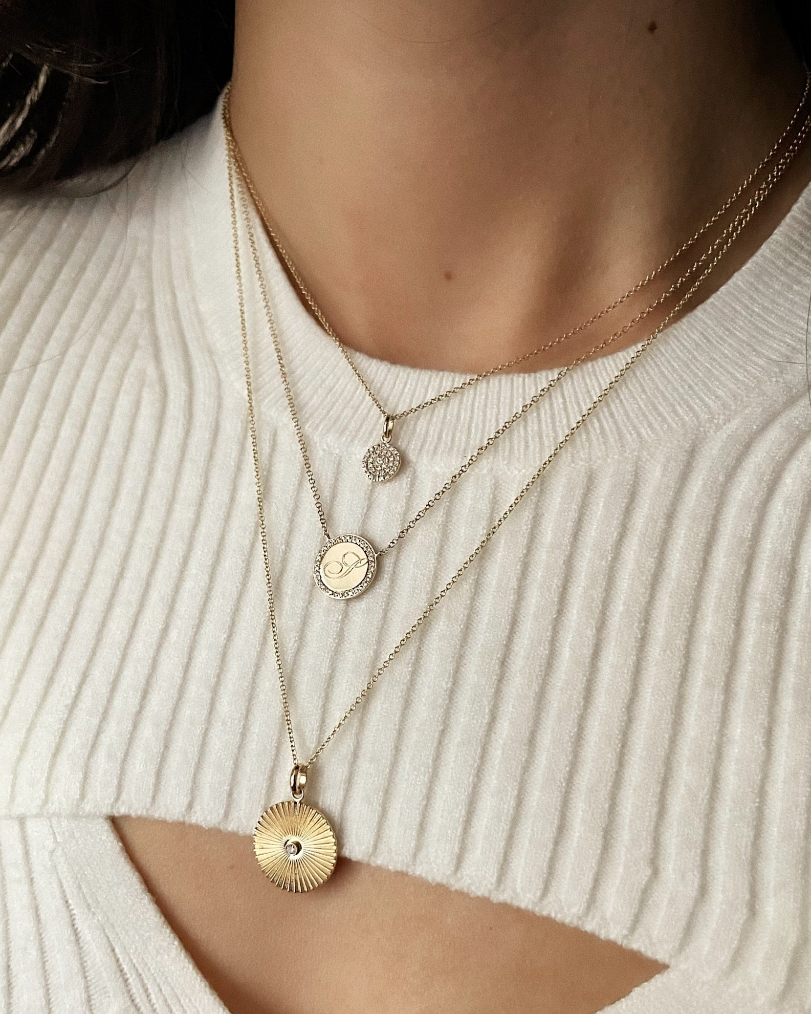 14k Gold Pleated Disc With Diamond Necklace