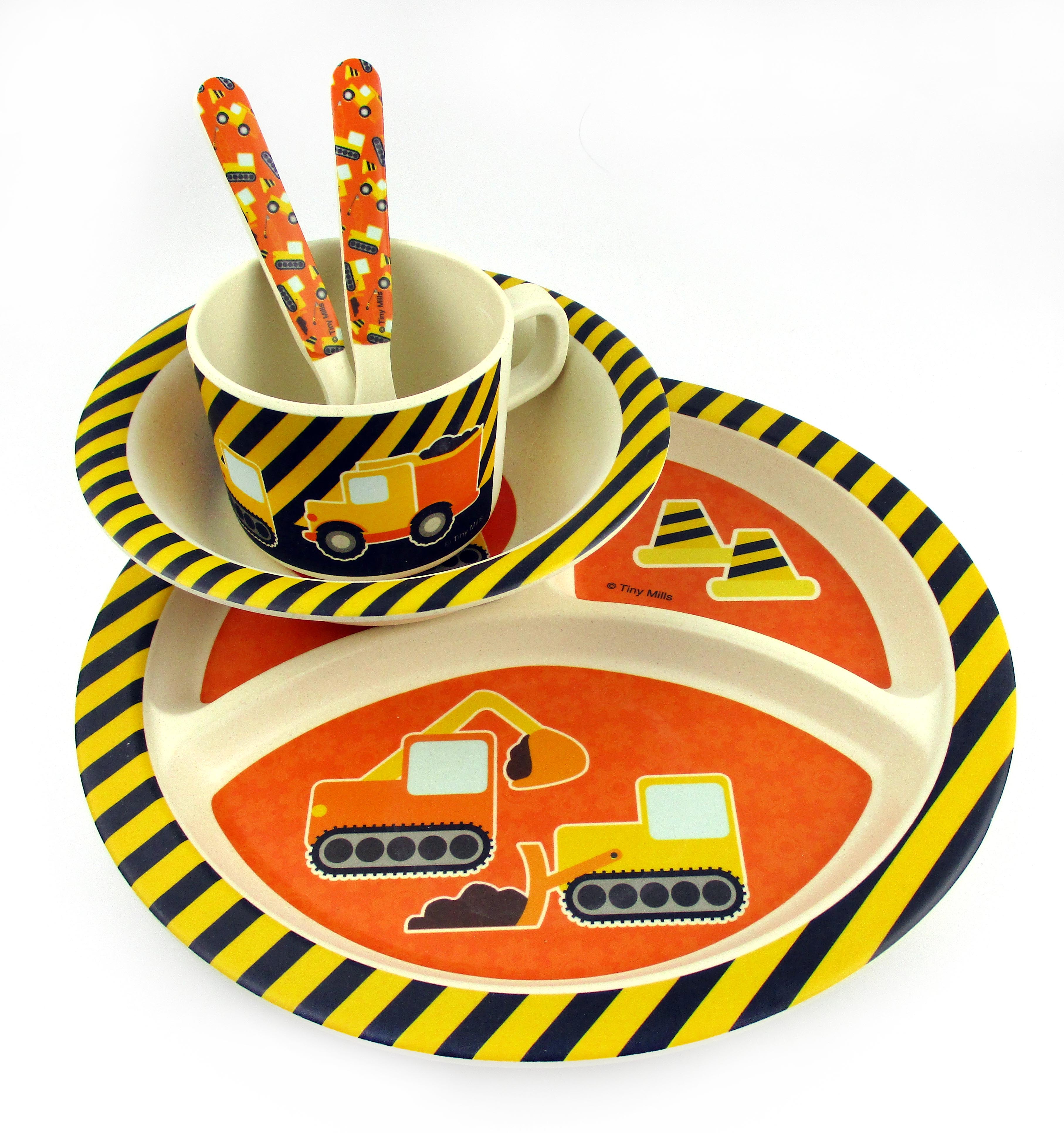 Tinymills 5-piece Eco-friendly Plant Fiber Dinnerware Set With Construction Trucks Design