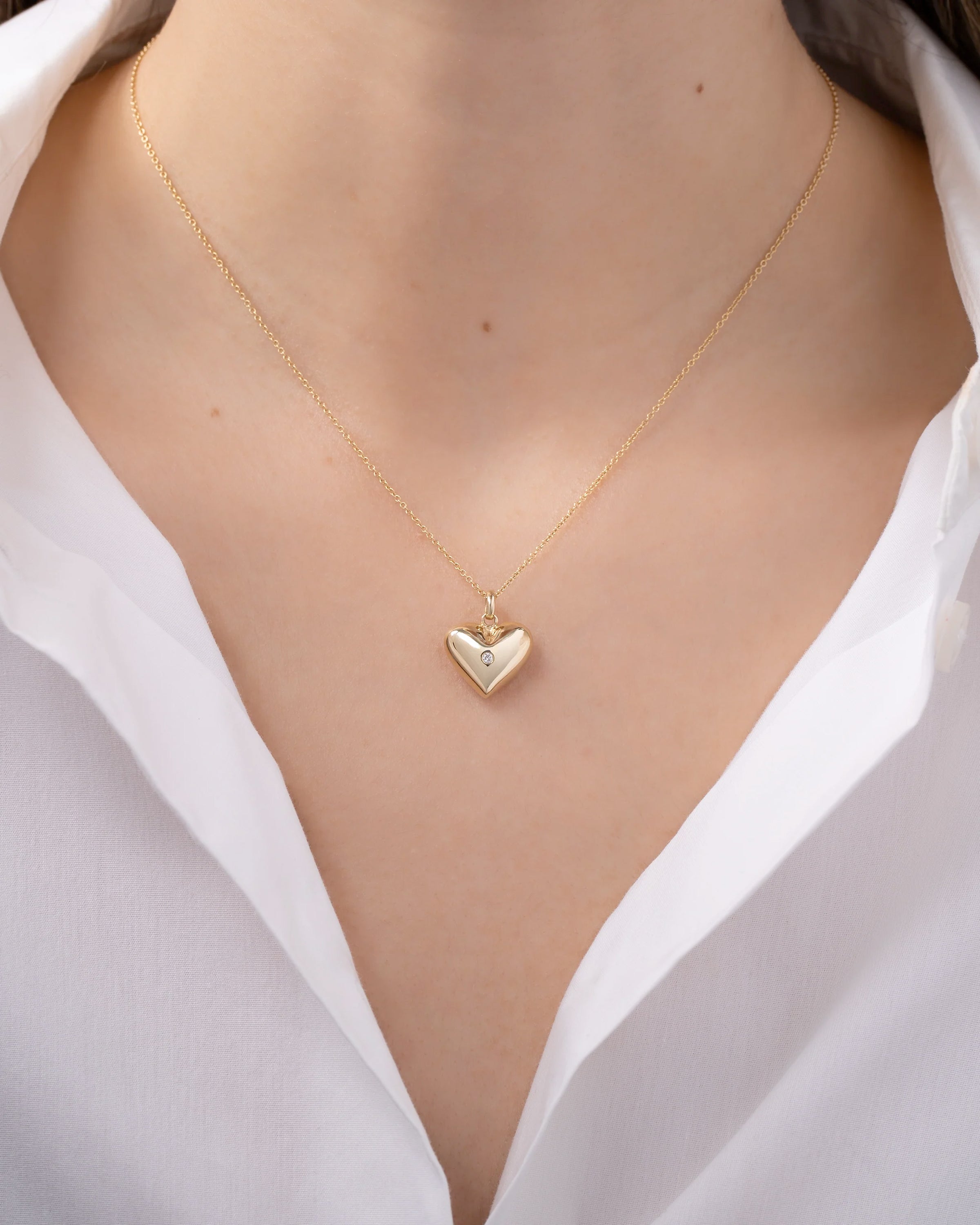 14k Gold Domed Heart With Tiny Diamond Necklace