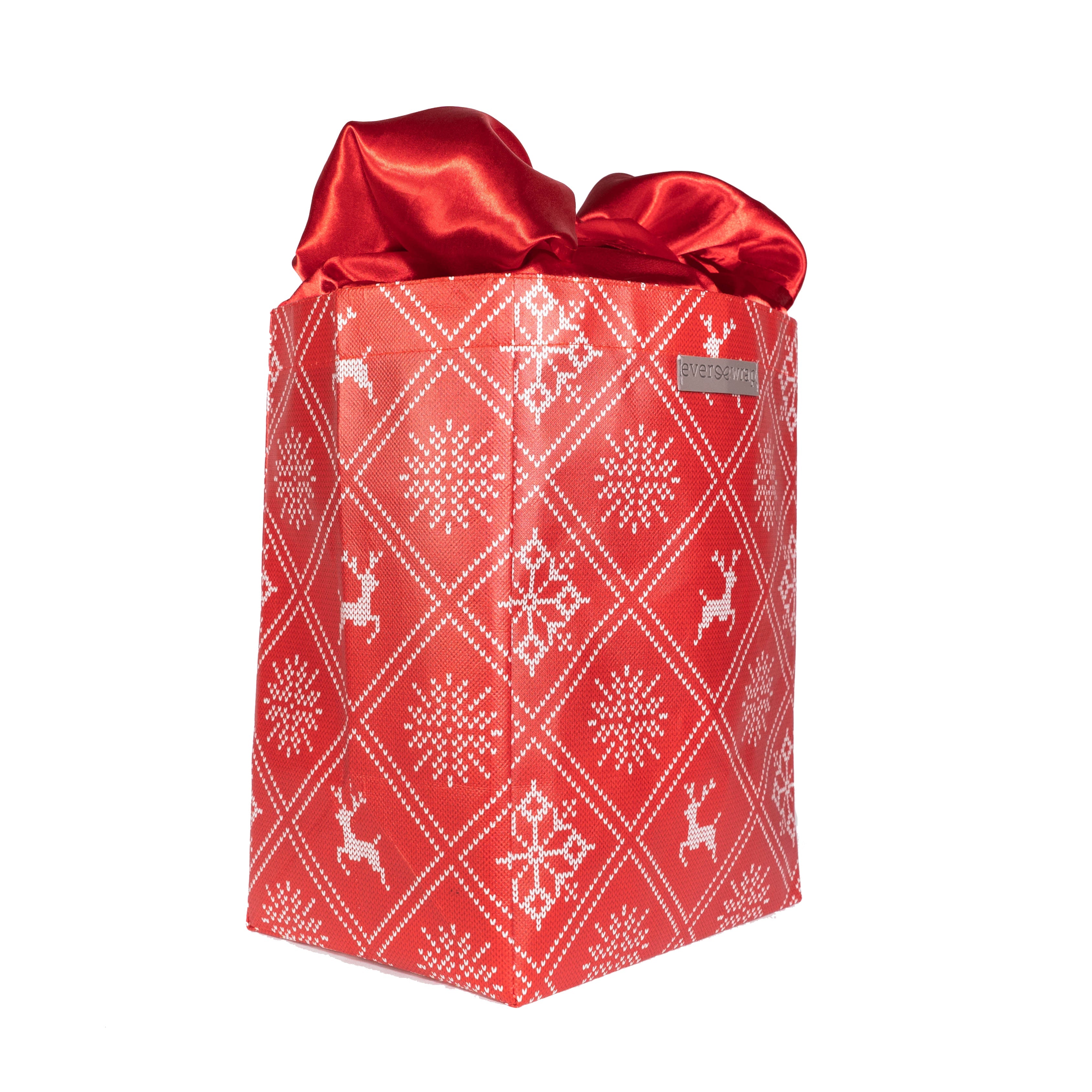 Everbag: Medium Holiday Red With Wintry Knitted Sweater Design And Red Satin Bow Closure