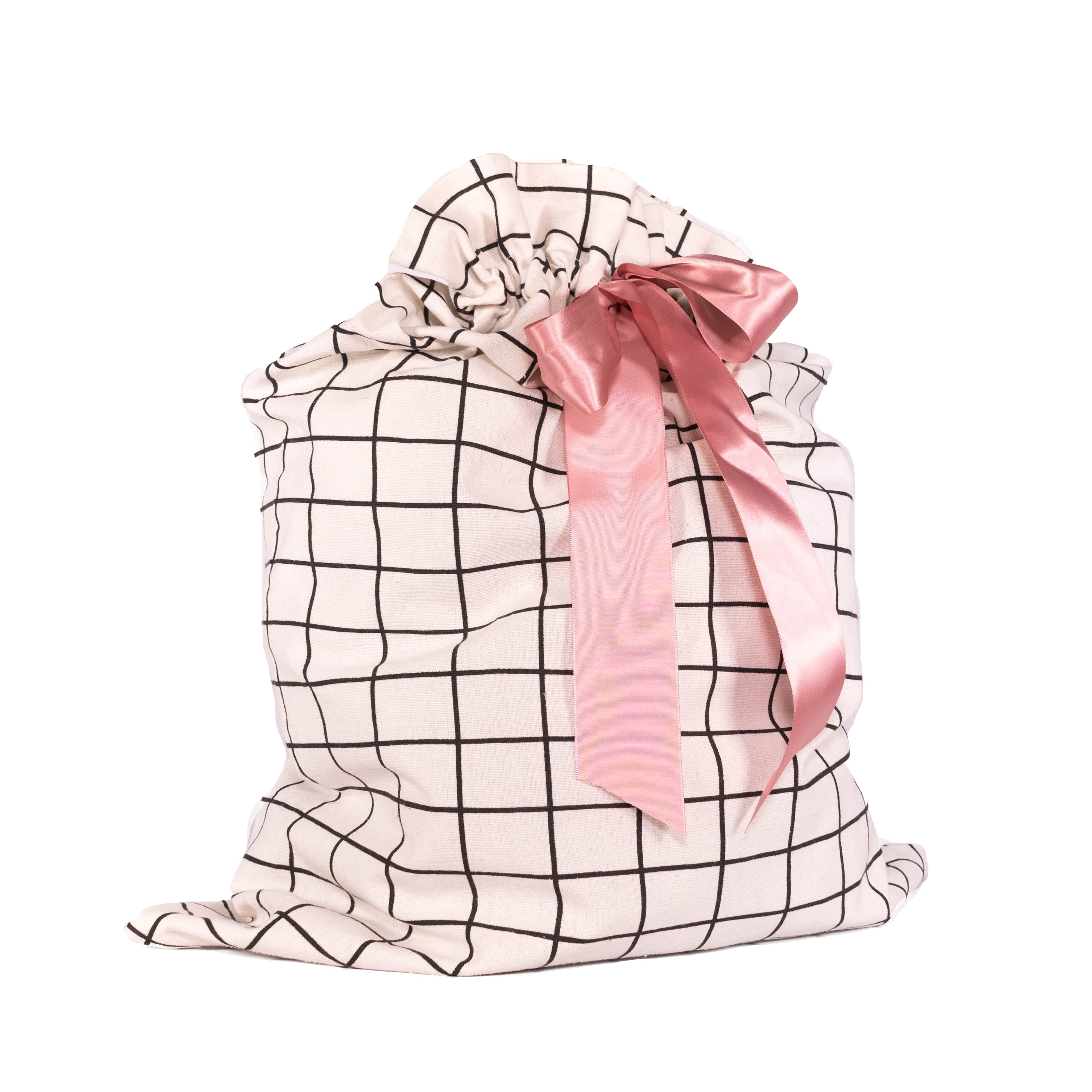 Evertie: Large Tie Bag With Black Grid Pattern And Satin Ribbon Closure