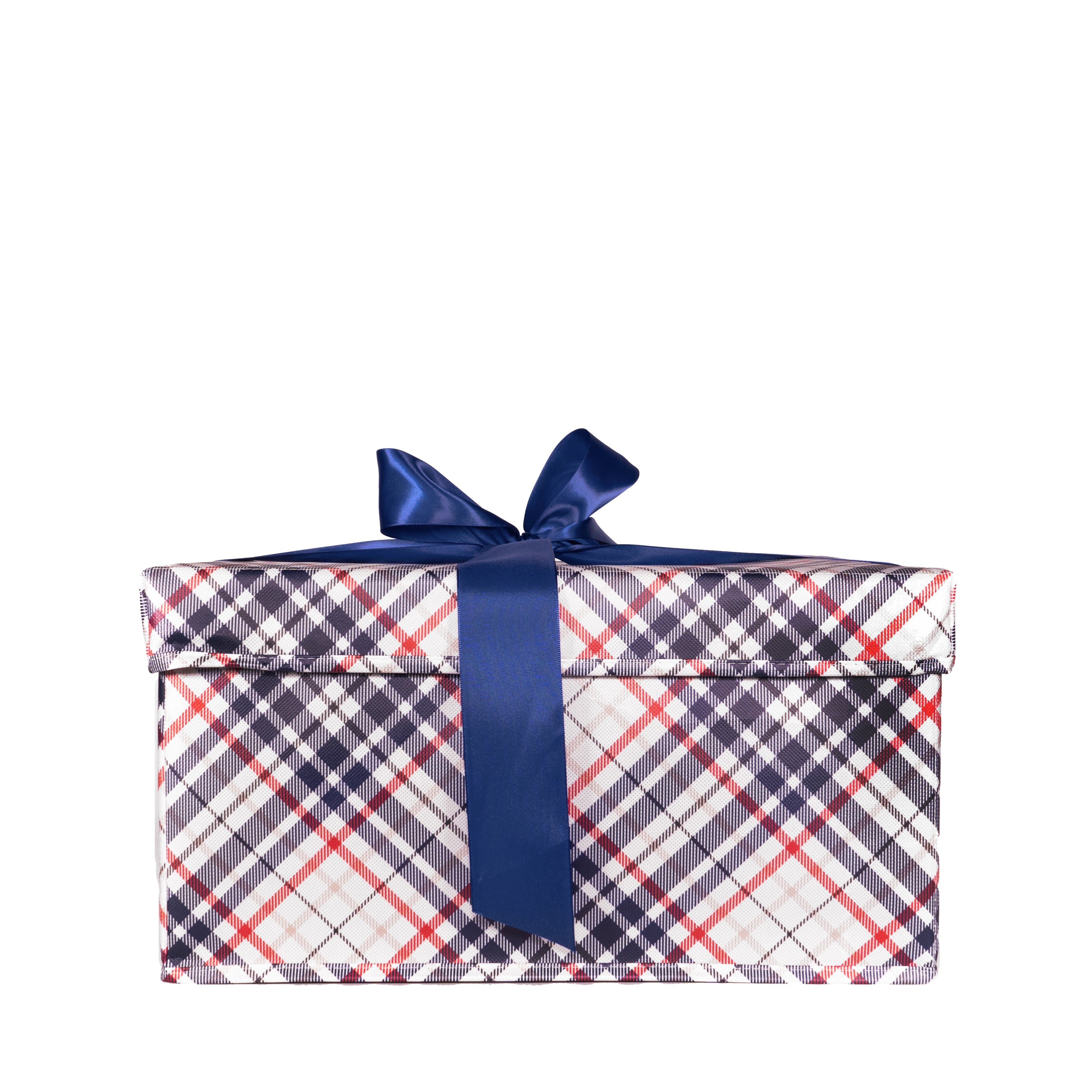 Everbox: Large Blue Plaid Collapsible Gift Box With Blue Satin Ribbon